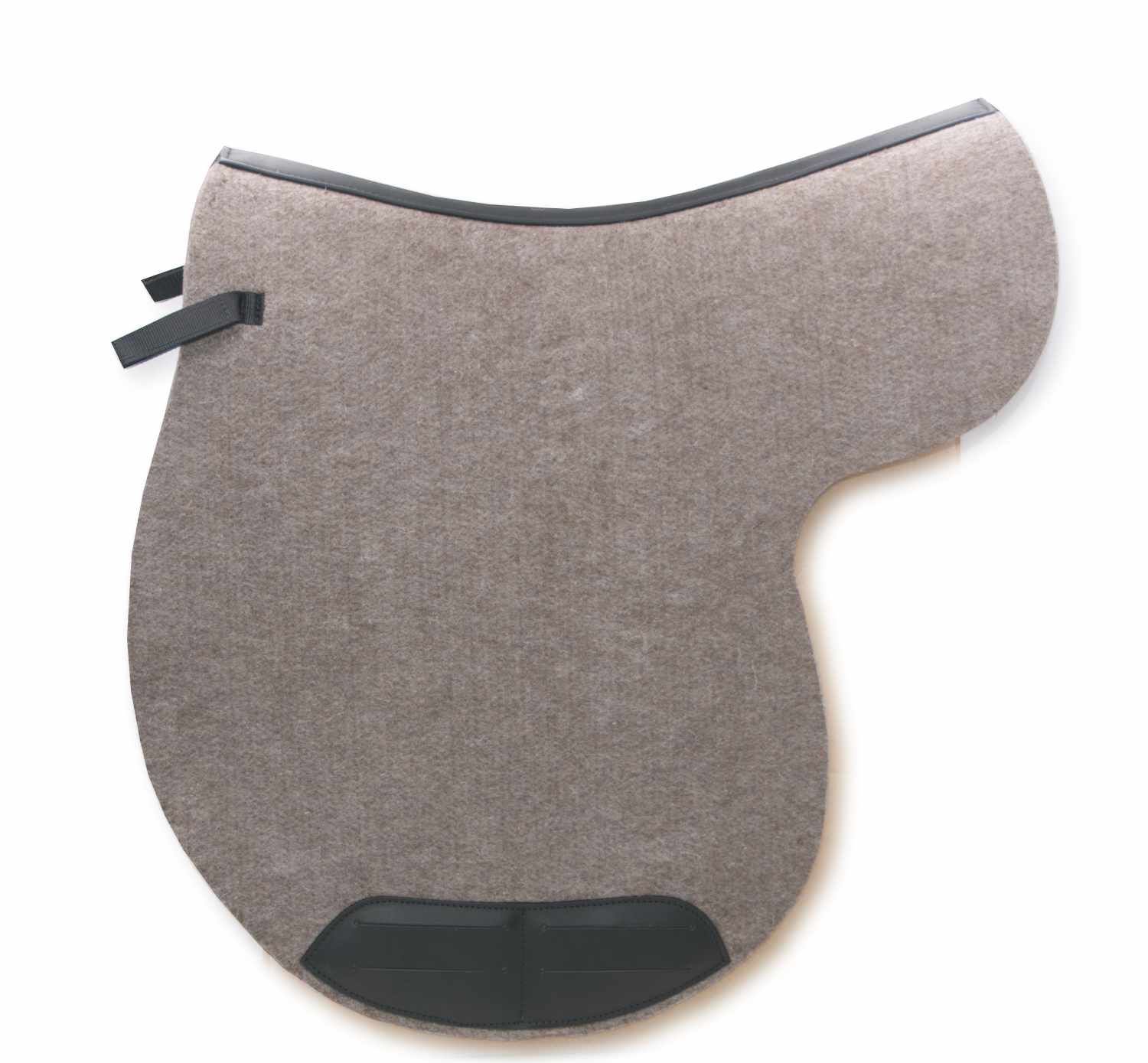 Braune Satteldecke mit schwarzem Rand und Lederbesatz. Schwarze Riemen.