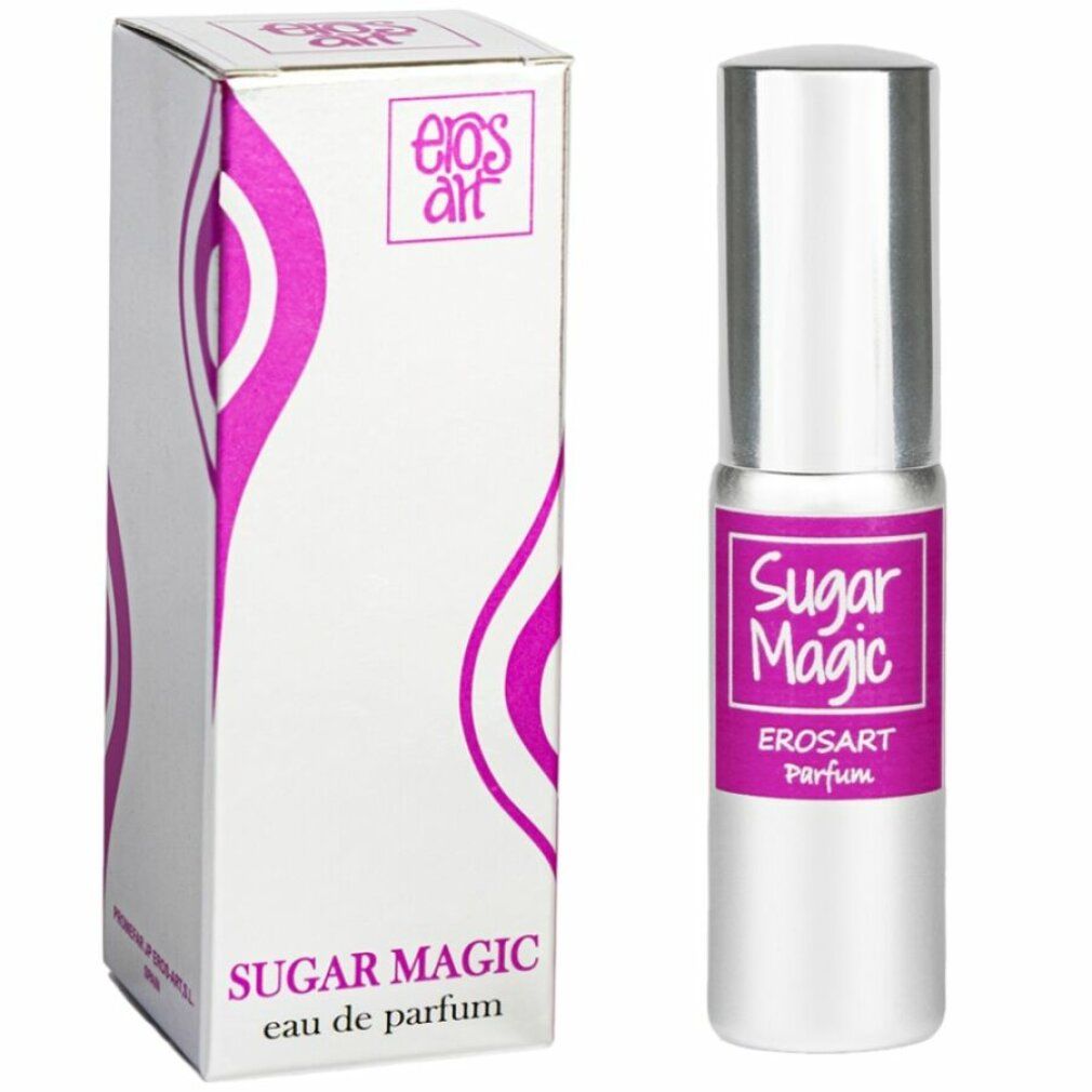 Weißer Flakon mit rosafarbenem Schriftzug Sugar Magic und Eros Art. Daneben eine weiße Schachtel mit lila Design und Schriftzug.