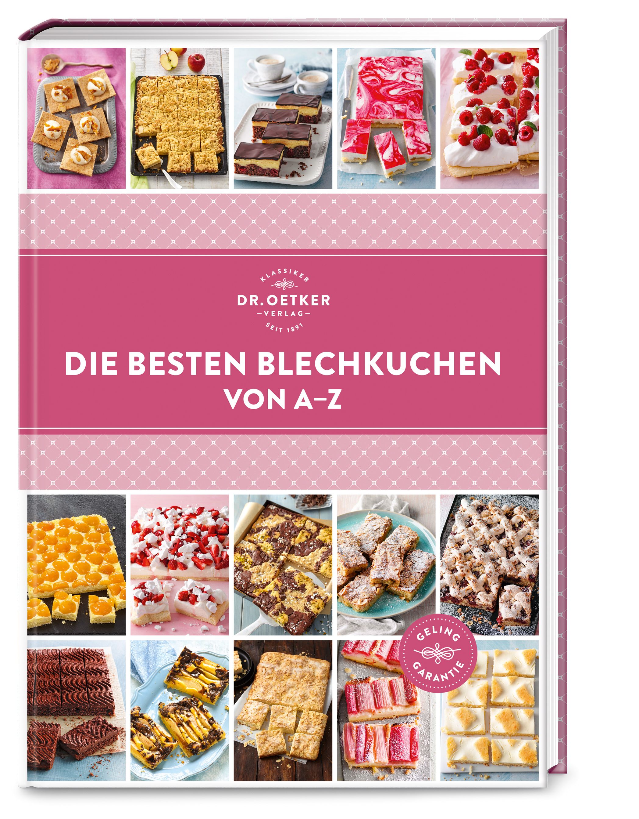 Buchcover mit dem Titel "Die besten Blechkuchen von A-Z". Pinker Hintergrund mit Kuchenfotos. Dr. Oetker Verlag.