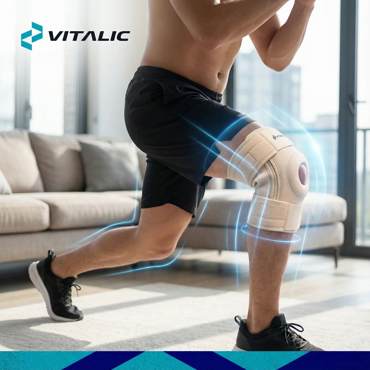 Beige Kniebandage am Bein einer Person beim Training. VITALIC Logo oben links.