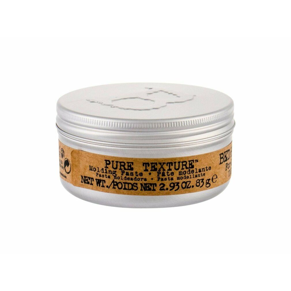 Runde Dose mit silberfarbenem Deckel. Braunes Etikett mit "PURE TEXTURE" und "Molding Paste". Text in Englisch, Spanisch und Französisch. "Bed Head" Logo.