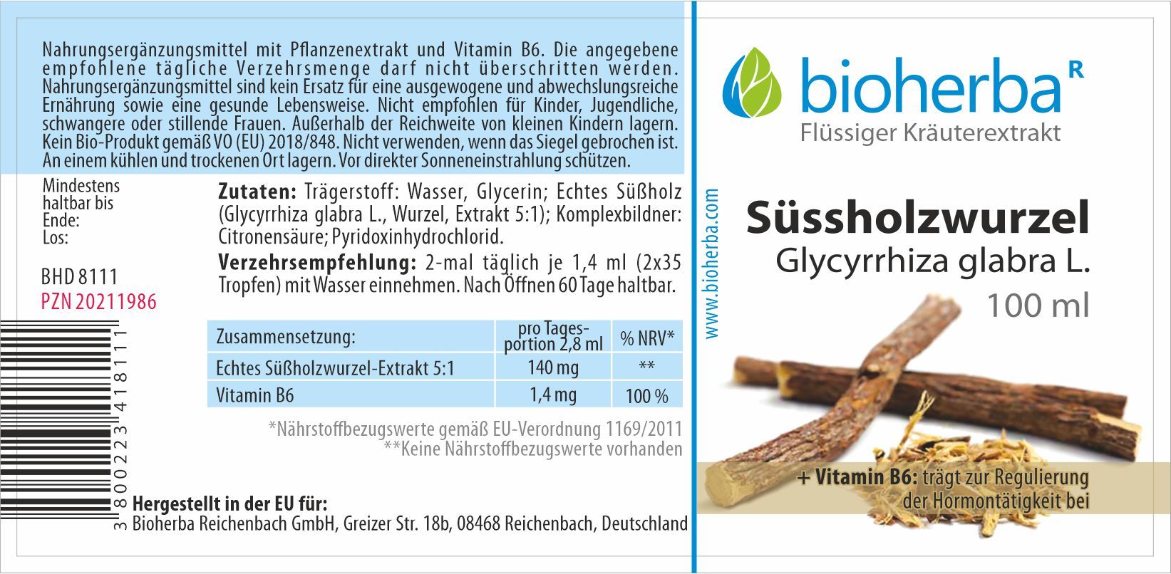 Bioherba Süssholzwurzel, Glycyrrhiza glabra L. Tinktur, 100 ml Flasche. Zutaten, Nährwertangaben, Verzehrempfehlung und Herstellerinformationen.
