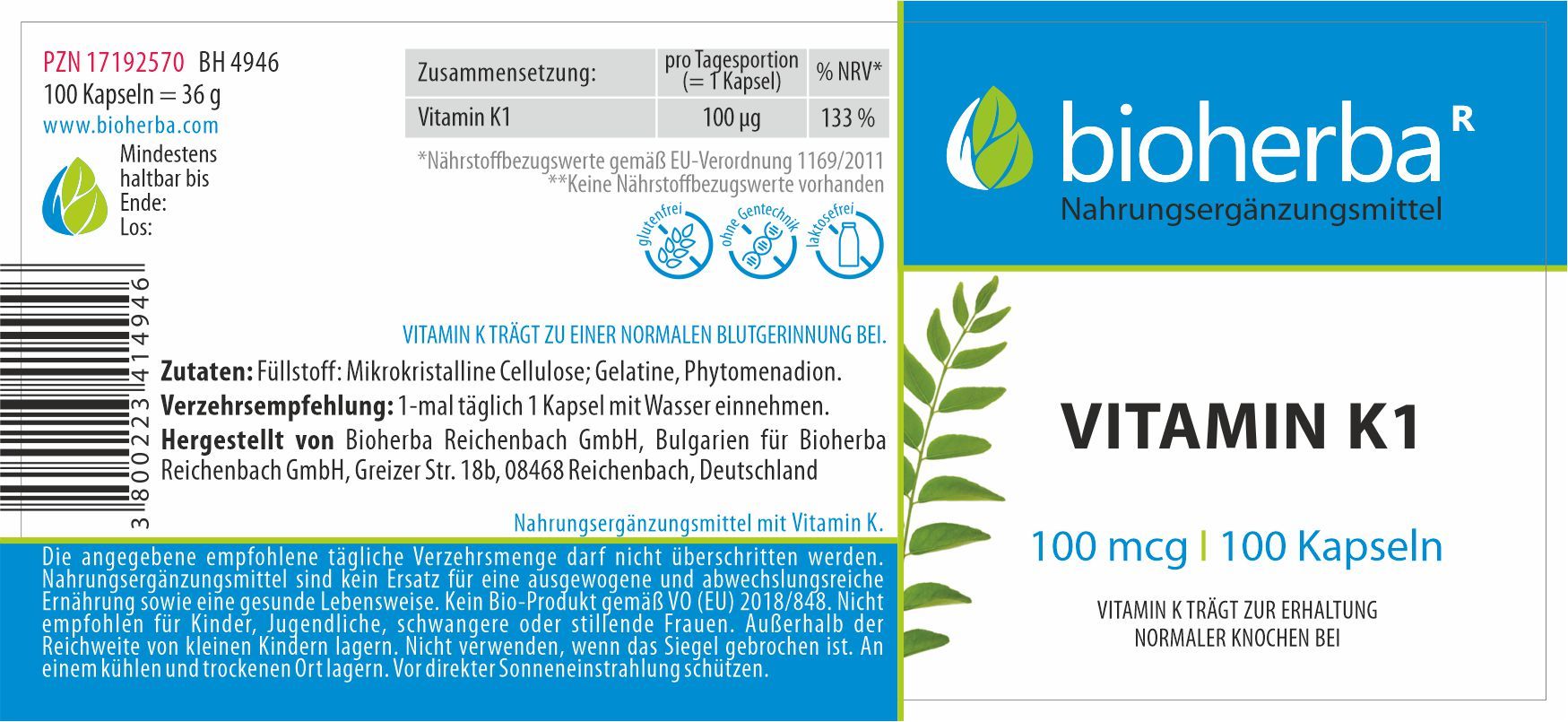 Etikett mit Produktinformationen. "Bioherba"-Logo, "Vitamin K1", 100 mcg, 100 Kapseln. Text in deutscher Sprache.