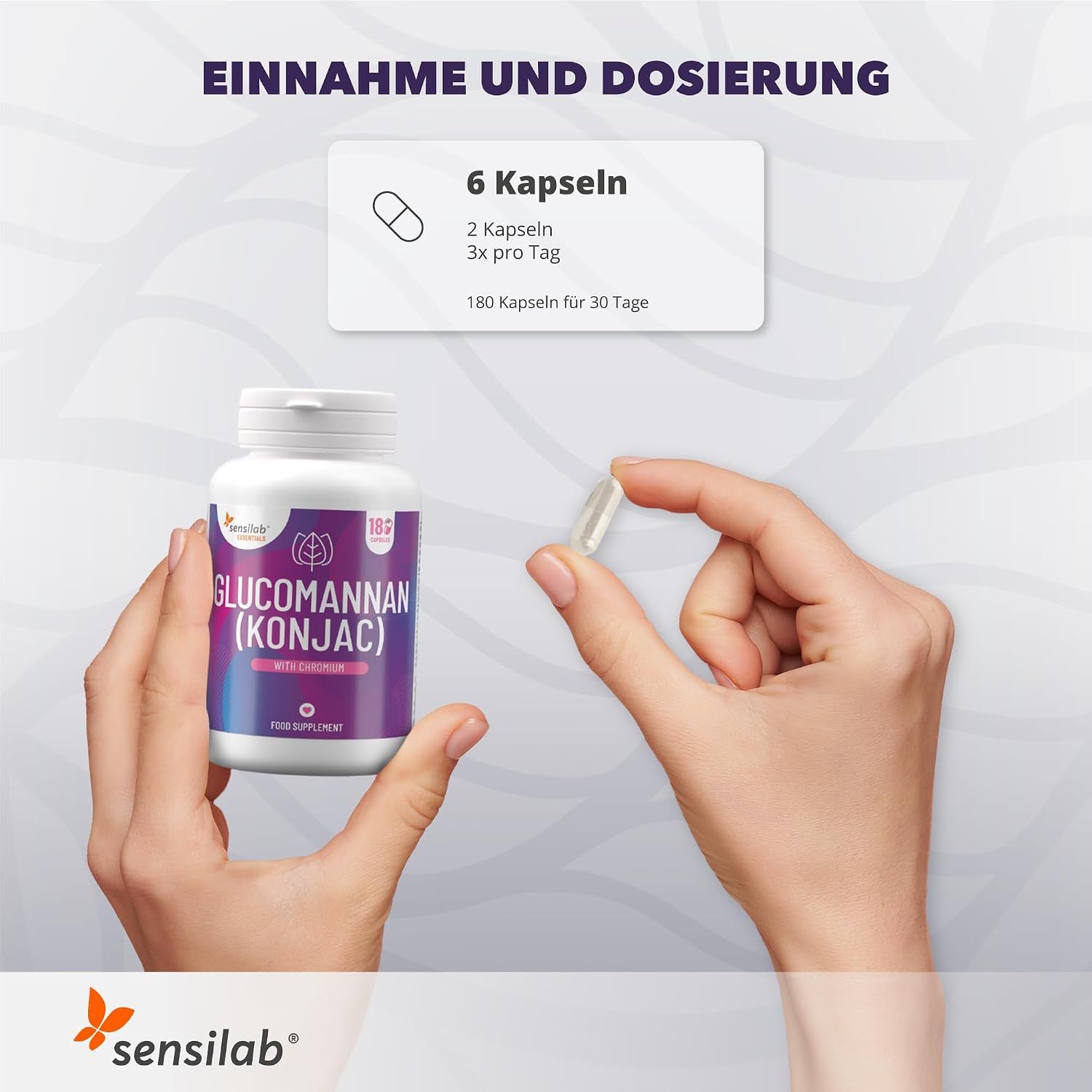 Flasche mit Glucomannan (Konjak) Kapseln, eine Kapsel wird gehalten.