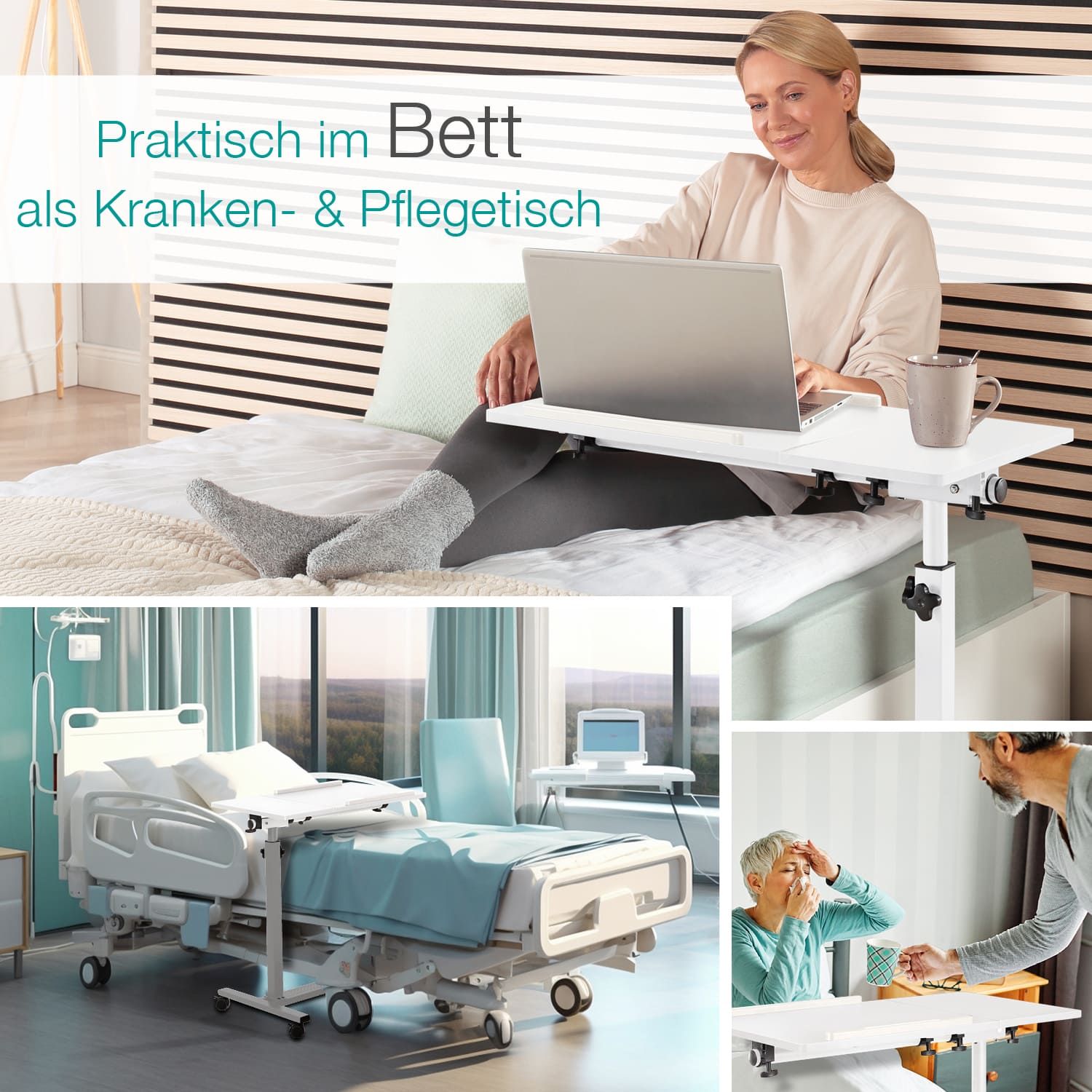 Höhenverstellbarer Tisch mit Rollen. Frau am Laptop im Bett. Text: Praktisch im Bett als Kranken- & Pflegetisch.
