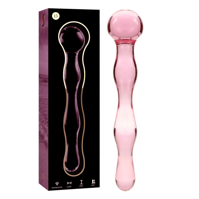 Produktverpackung und rosa Dildo aus Borosilikatglas. Verpackung mit Produktabbildung. Dildo daneben.