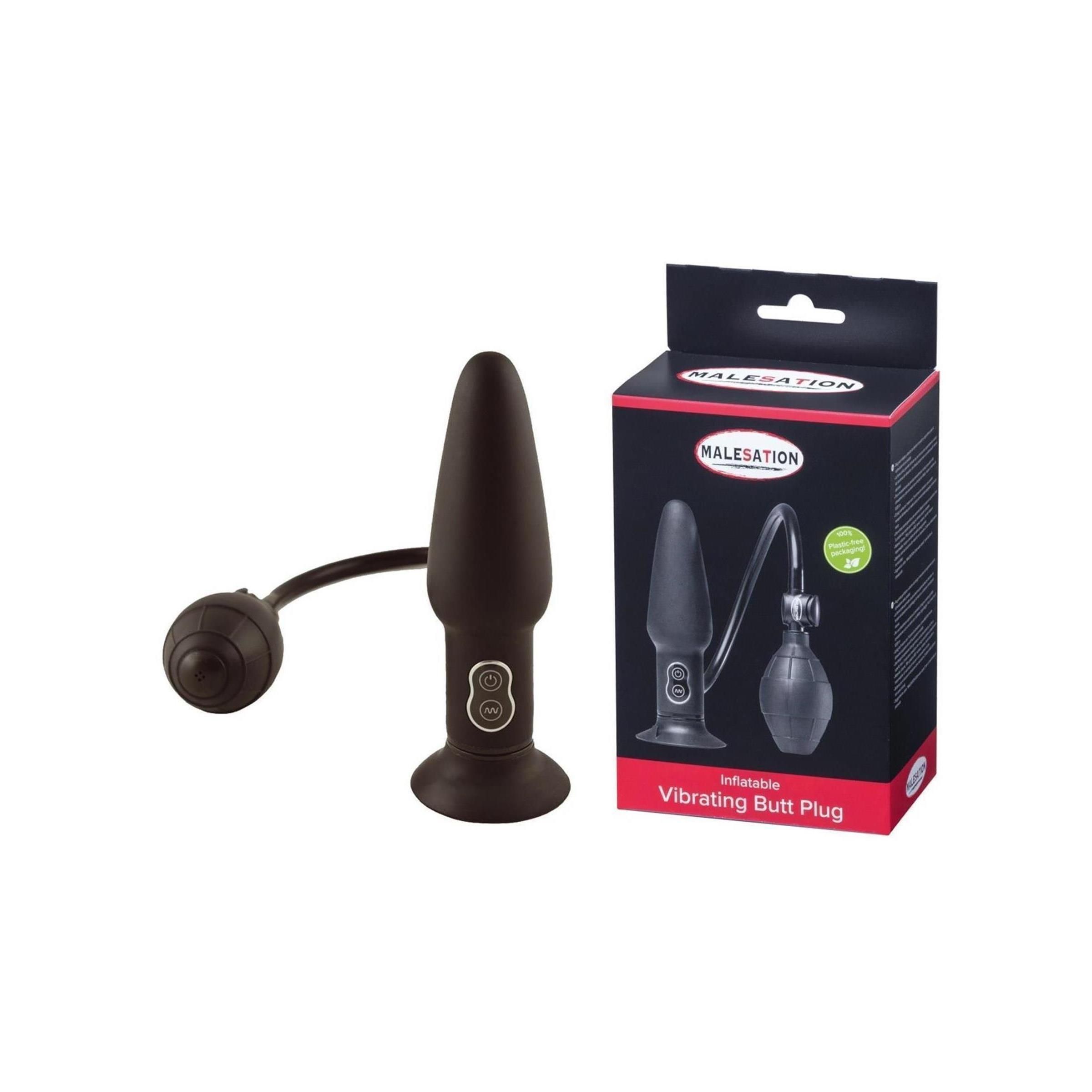 Schwarzer, aufblasbarer Analplug mit Pumpe und Vibrationsfunktion. Verpackung mit Produktname MALESATION.