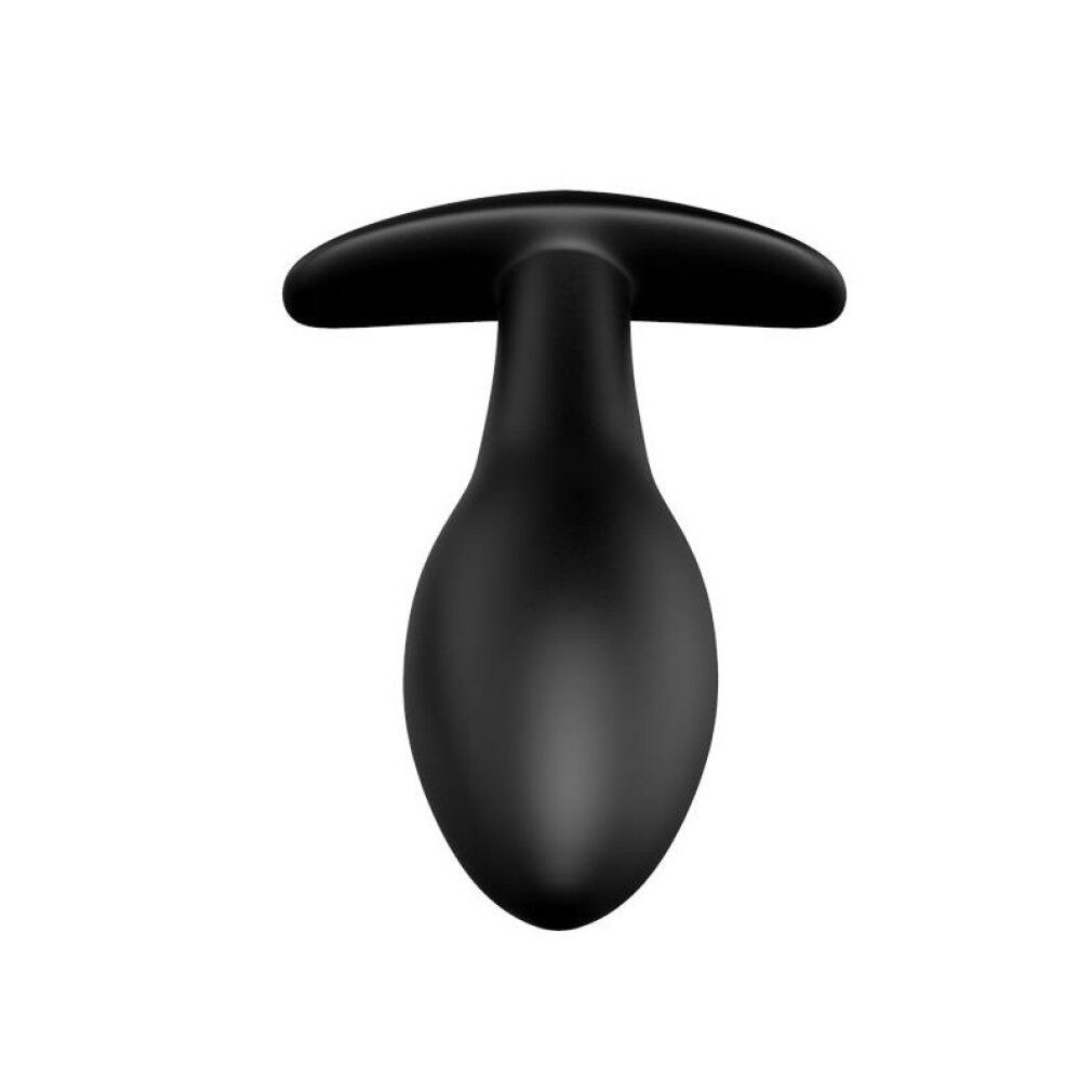 Schwarzer Anus-Plug mit tropfenförmigem Kopf und T-förmigem Griff. Aus glattem Material.