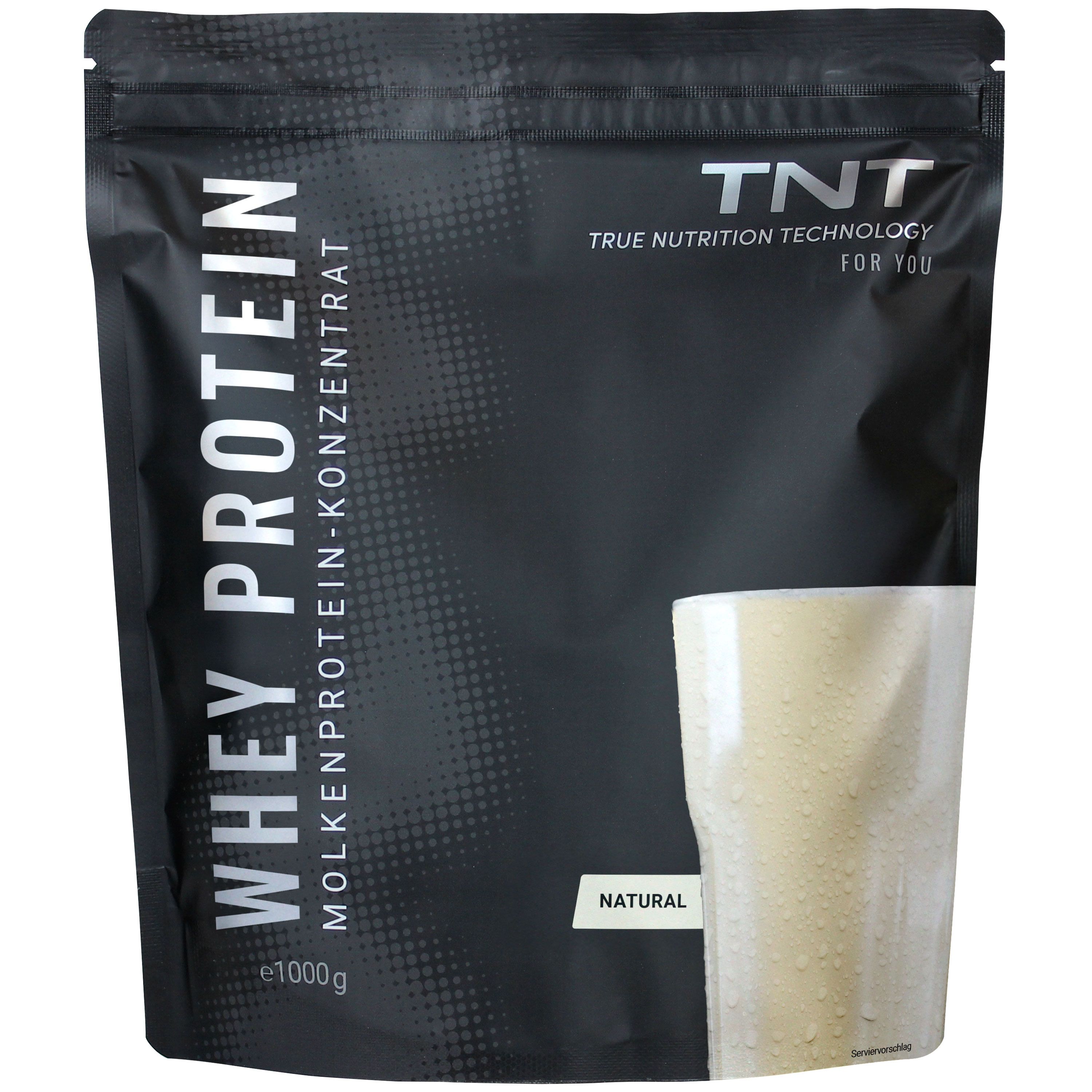 Schwarze Tüte TNT Whey Protein Konzentrat. Aufschrift: WHEY PROTEIN, MOLKENPROTEIN-KONZENTRAT, e1000g. Abbildung eines Getränks.