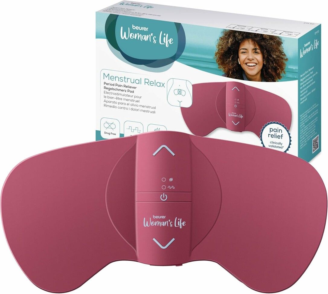 Das beurer® Menstrual Relax EM 50 Pad in Rosé mit Bedienelementen und Pfeiltasten.