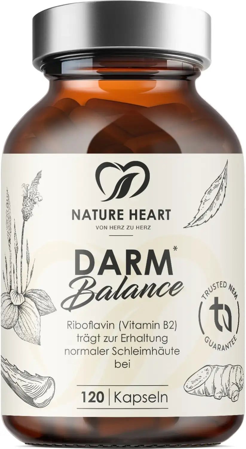 Braune Glasflasche mit Kapseln. Aufschrift: Darm Balance, Nature Heart. 120 Kapseln. TÜV-Zertifizierung.
