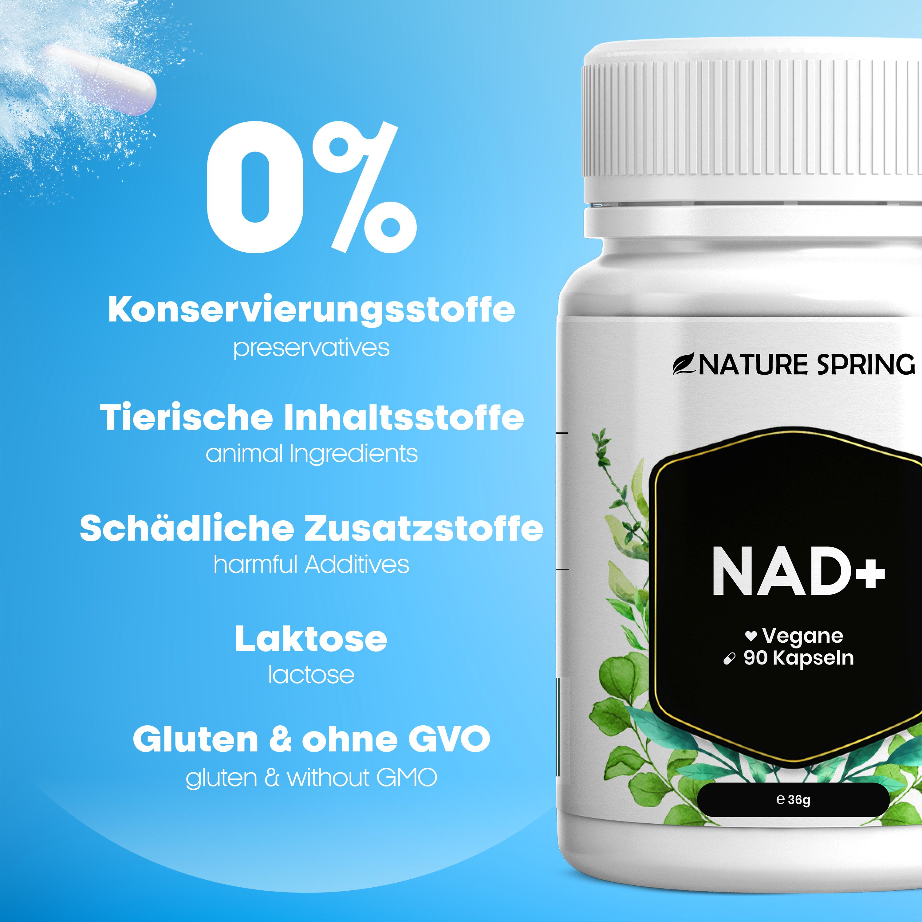 Nature Spring NAD+ Kapseln: Frei von Konservierungsstoffen, tierischen Inhaltsstoffen, Laktose und Gluten.