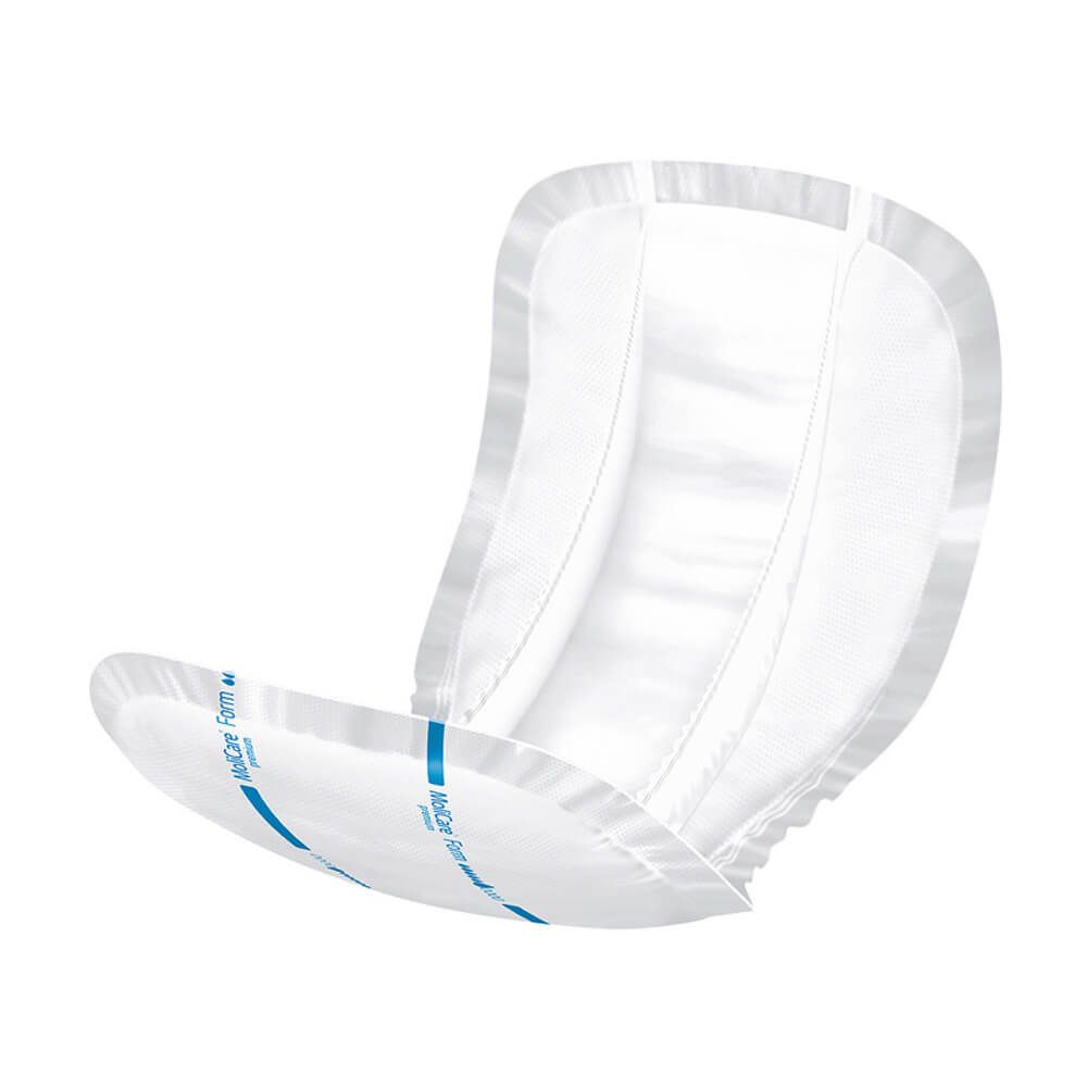 MoliCare Premium Form extra plus. Weiße Einlage mit blauen Streifen und Logo. Geformt für den Körper.
