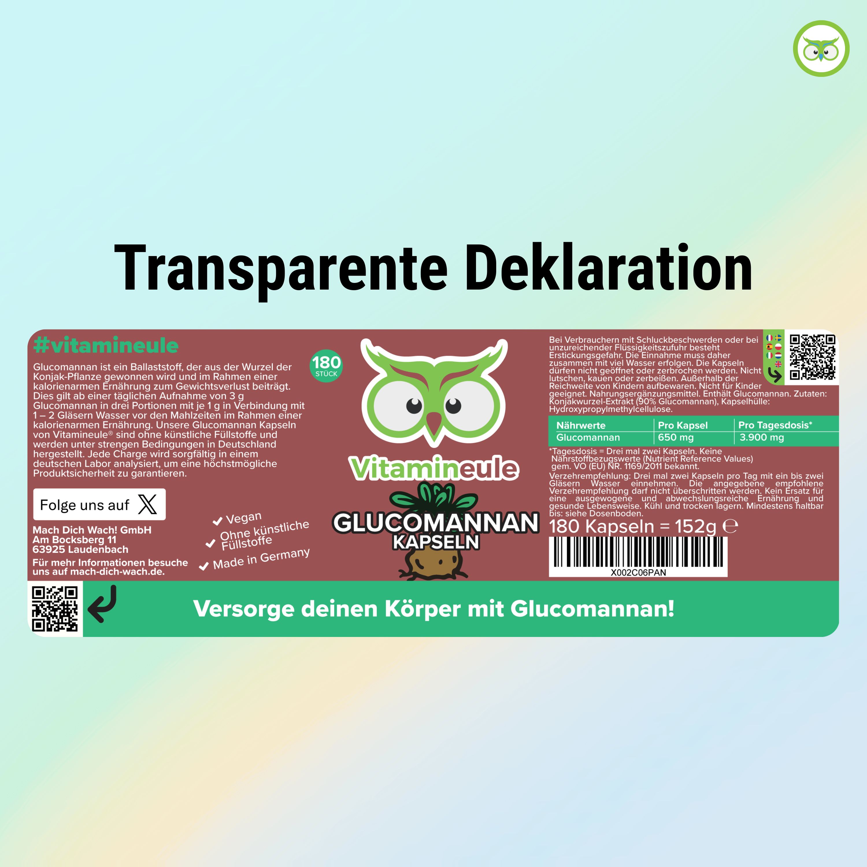 Etikett mit Informationen: Glucomannan Kapseln, 180 Stück, 152g. Inhaltsstoffe, Verzehrempfehlung, Hersteller.
