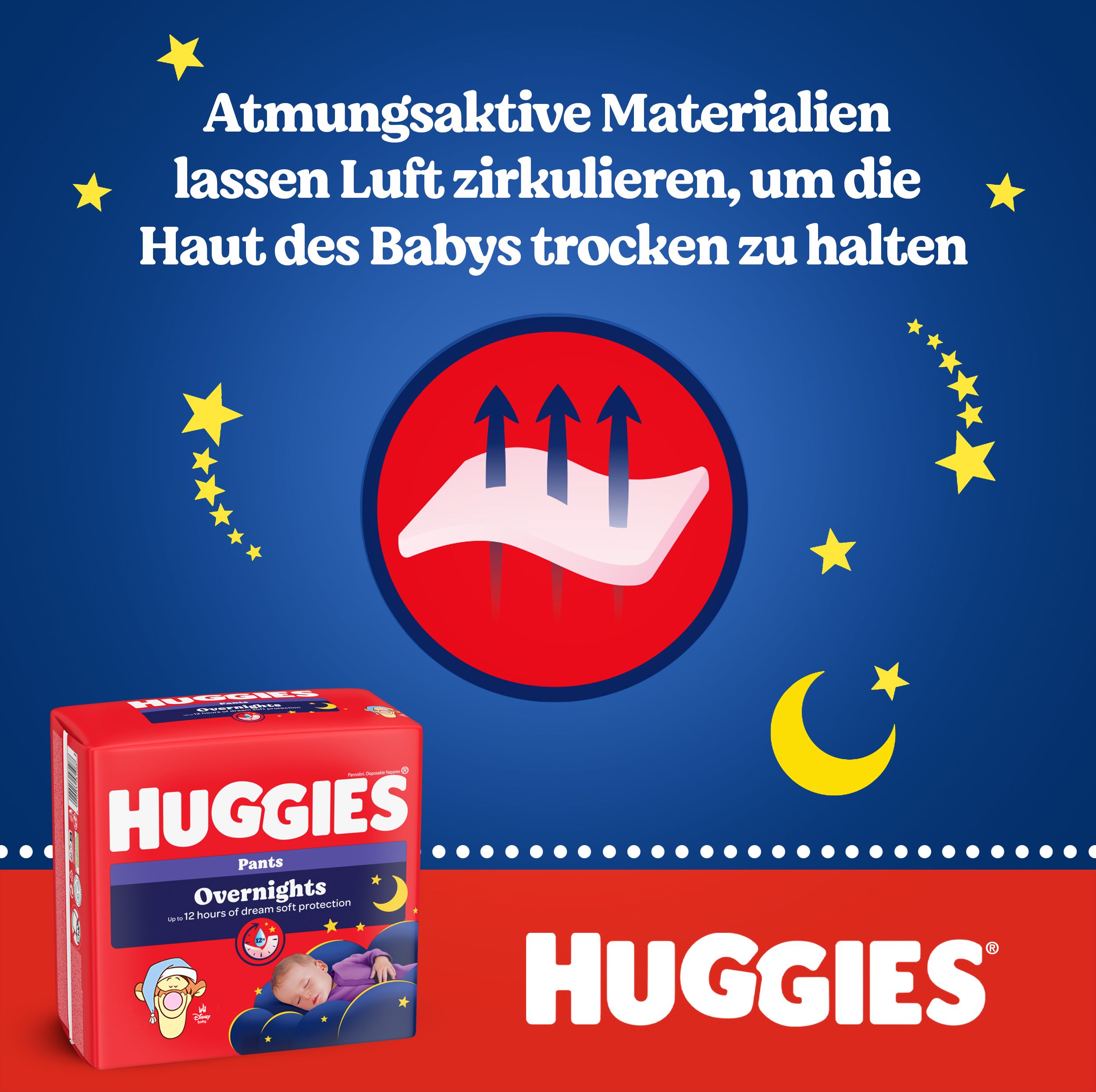 Huggies Overnight Pants. Atmungsaktive Materialien. Rote Verpackung mit Produktname. Sterne und Mond-Design.