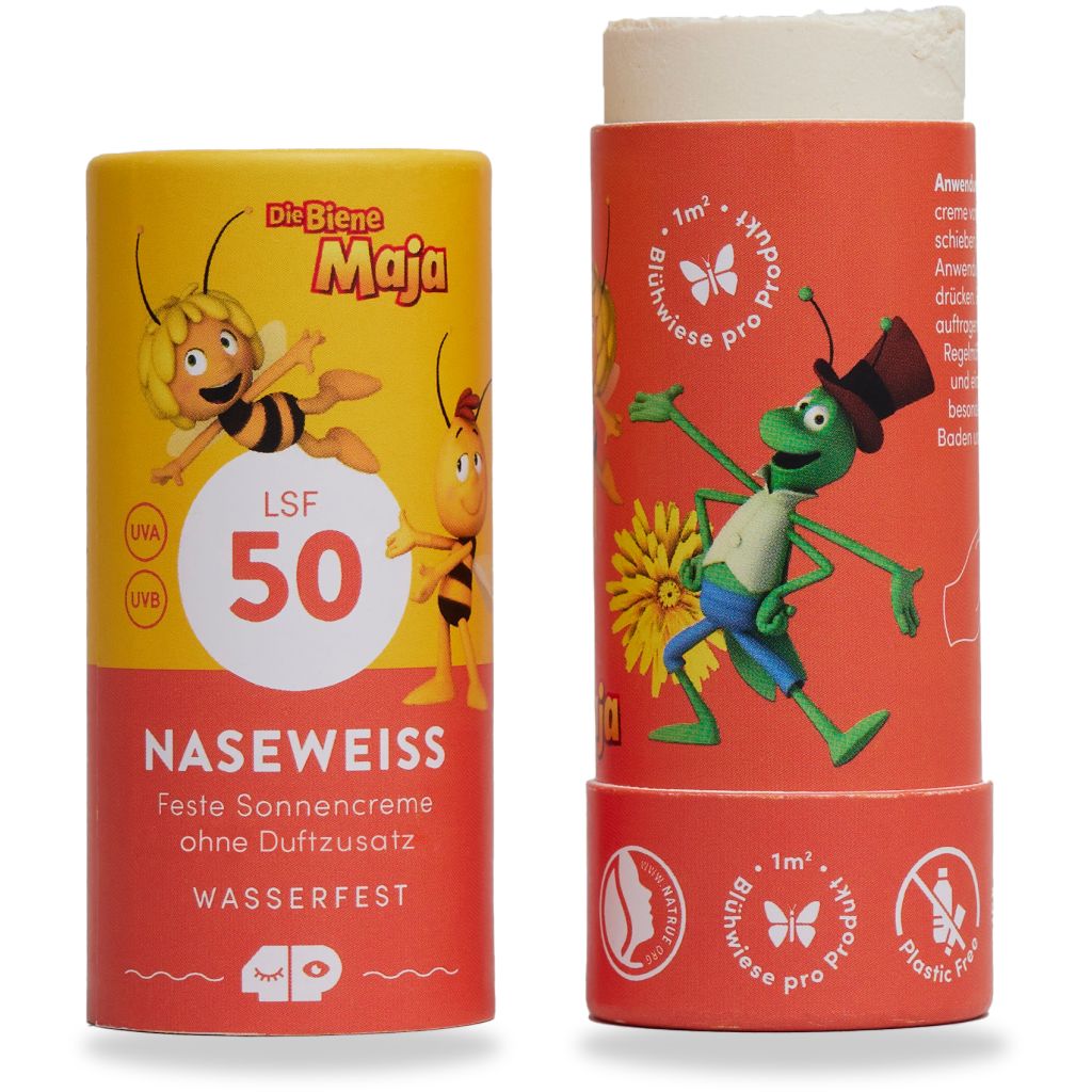 Zwei zylindrische Sonnencreme-Stifte. Gelb und rot. Aufschrift: LSF 50, NASEWEISS. Abbildung: Biene Maja und Flip.