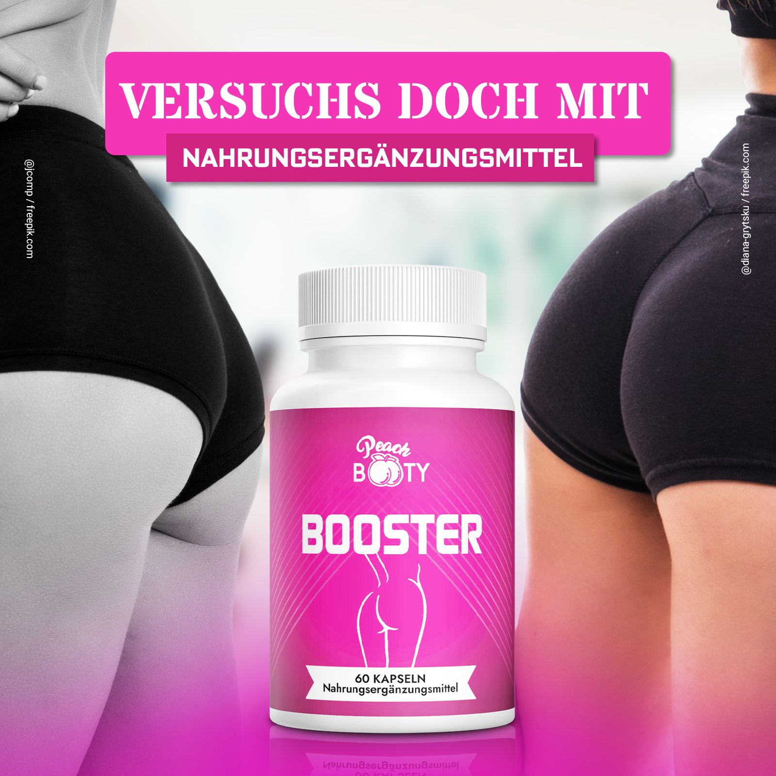 Weiße Flasche mit pinkfarbenem Etikett. Aufschrift: Peach Booty Booster, 60 Kapseln. Hintergrund: zwei Hintern.