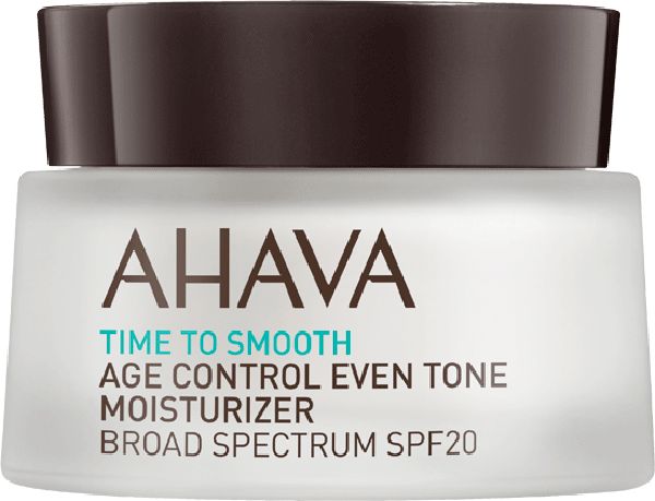 AHAVA Age Control Even Tone Moisturizer mit LSF20 in einem weißen Tiegel mit braunem Deckel.