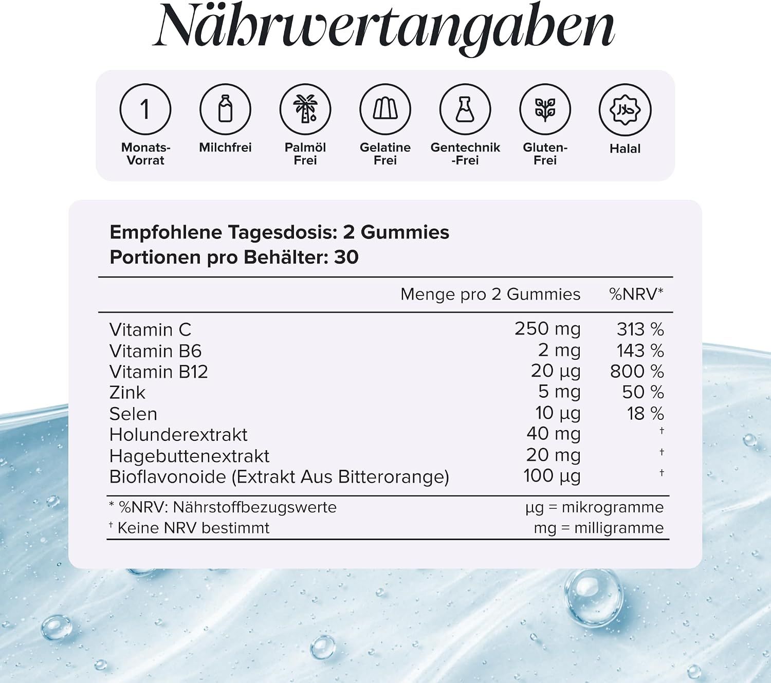 Nährwertangaben für Gummis: Vitamine, Zink, Selen, Holunder, Hagebutte.