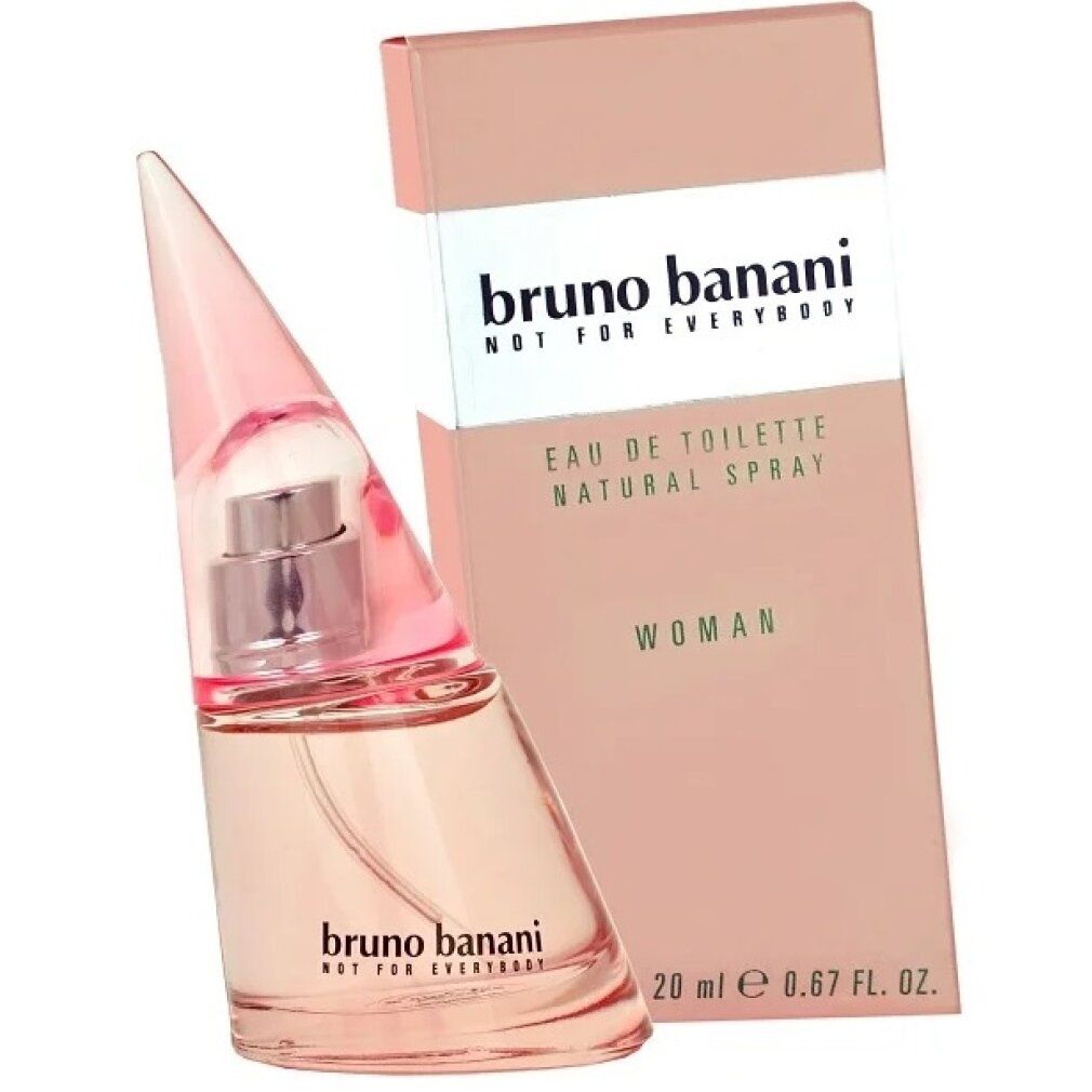 Rosa Flakon mit Sprühkopf und Verpackung. Aufschrift: Bruno Banani, Woman, Eau de Toilette.