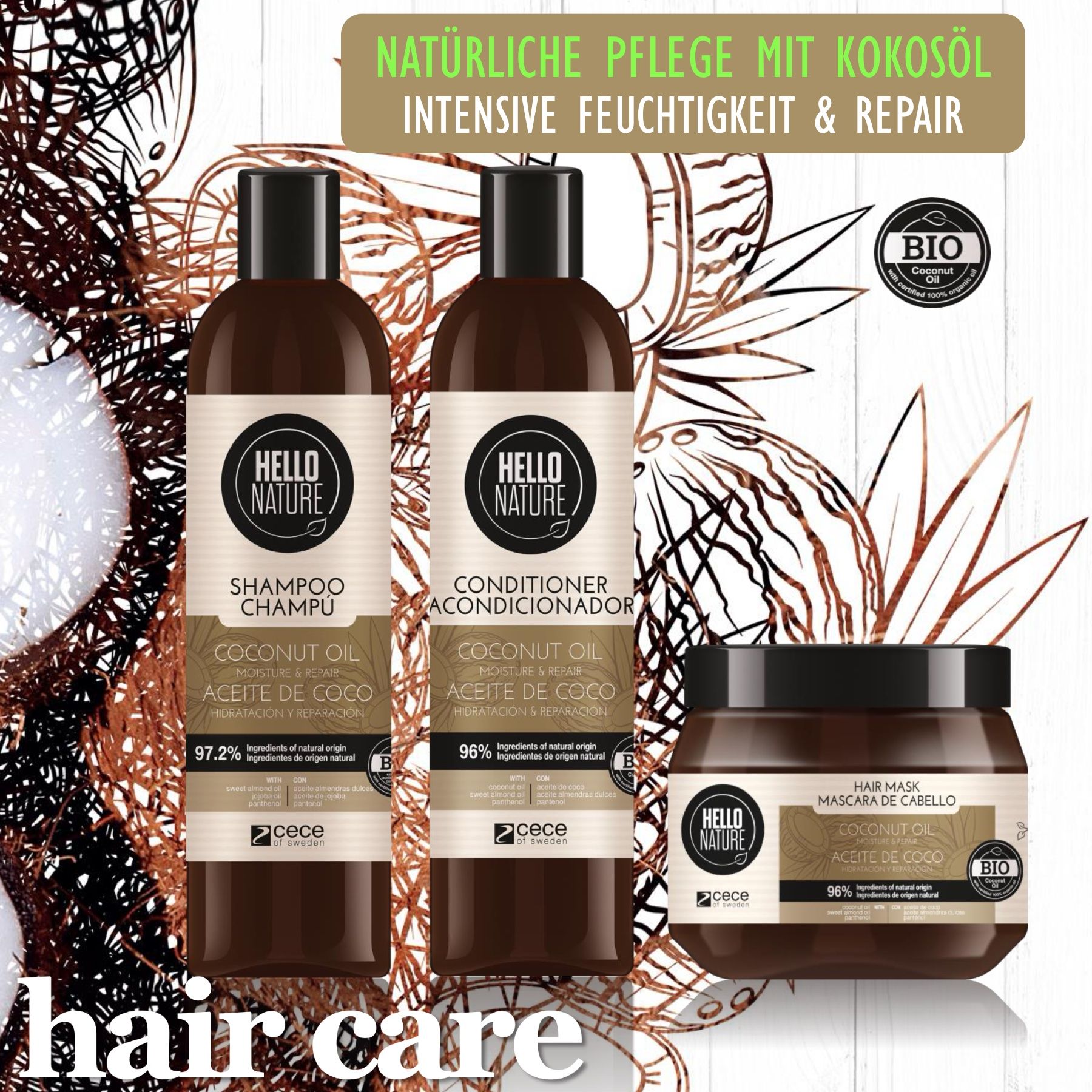Drei braune Flaschen und ein Tiegel. Aufschrift: Hello Nature, Shampoo, Conditioner, Hair Mask. Bio-Zertifizierung.
