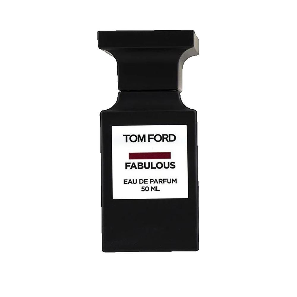 Schwarzer Flakon. Weißes Etikett mit Tom Ford, Fabulous und 50 ml. Schwarzer Zerstäuber. Rechteckige Form.