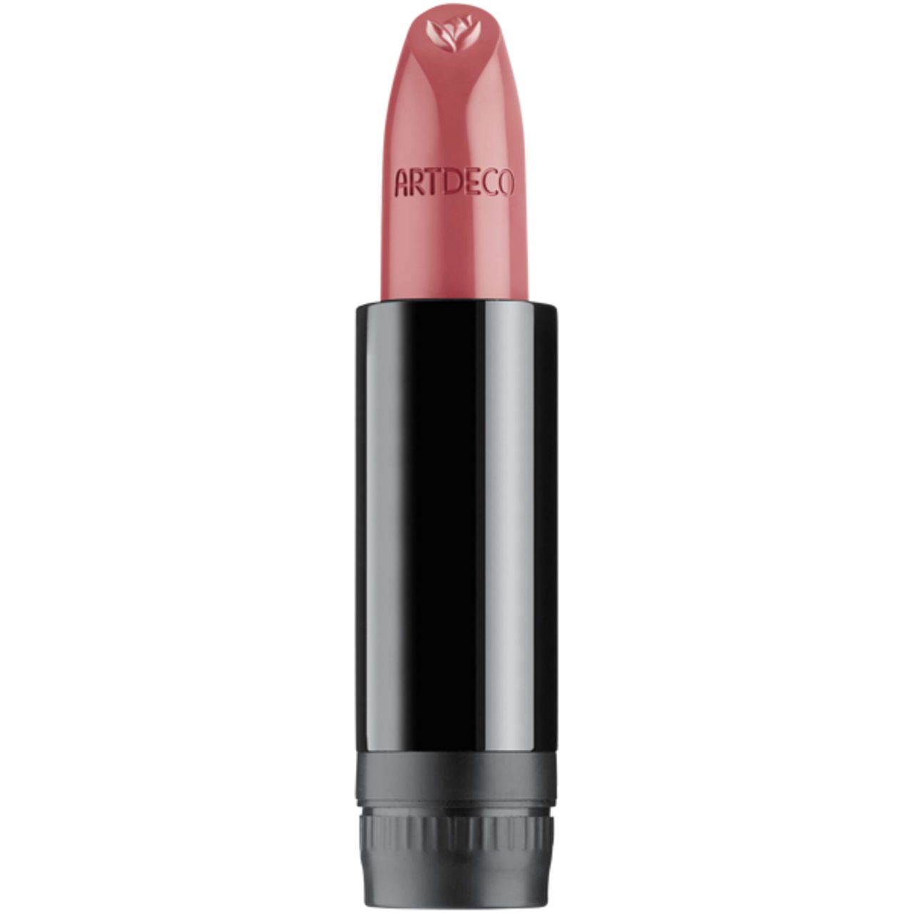 Lippenstift-Refill, rosa Farbe, schwarze Hülse, Marke Artdeco. Sichtbare Lippenstiftspitze mit Logo.