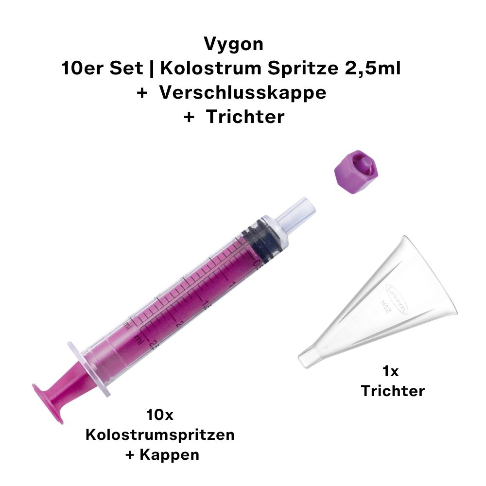 Eine Spritze, Verschlusskappe und Trichter. Text: Vycon, Kolostrum Spritze 2,5ml, Trichter. 10x Kolostrumspritzen + Kappen.