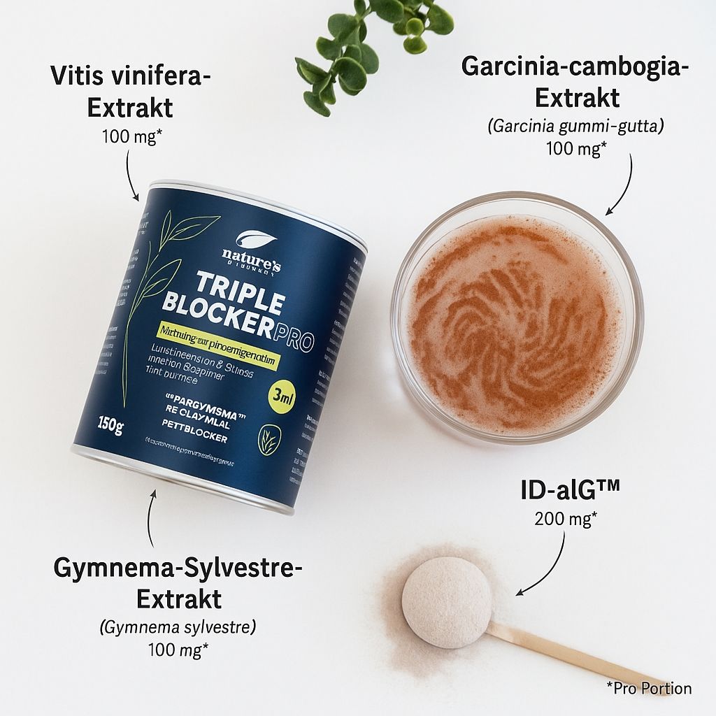 Nature's Finest Triple Blocker PRO Dose, Glas mit Getränk und Zutaten. Enthält Gymnema, Garcinia cambogia, ID-alg.
