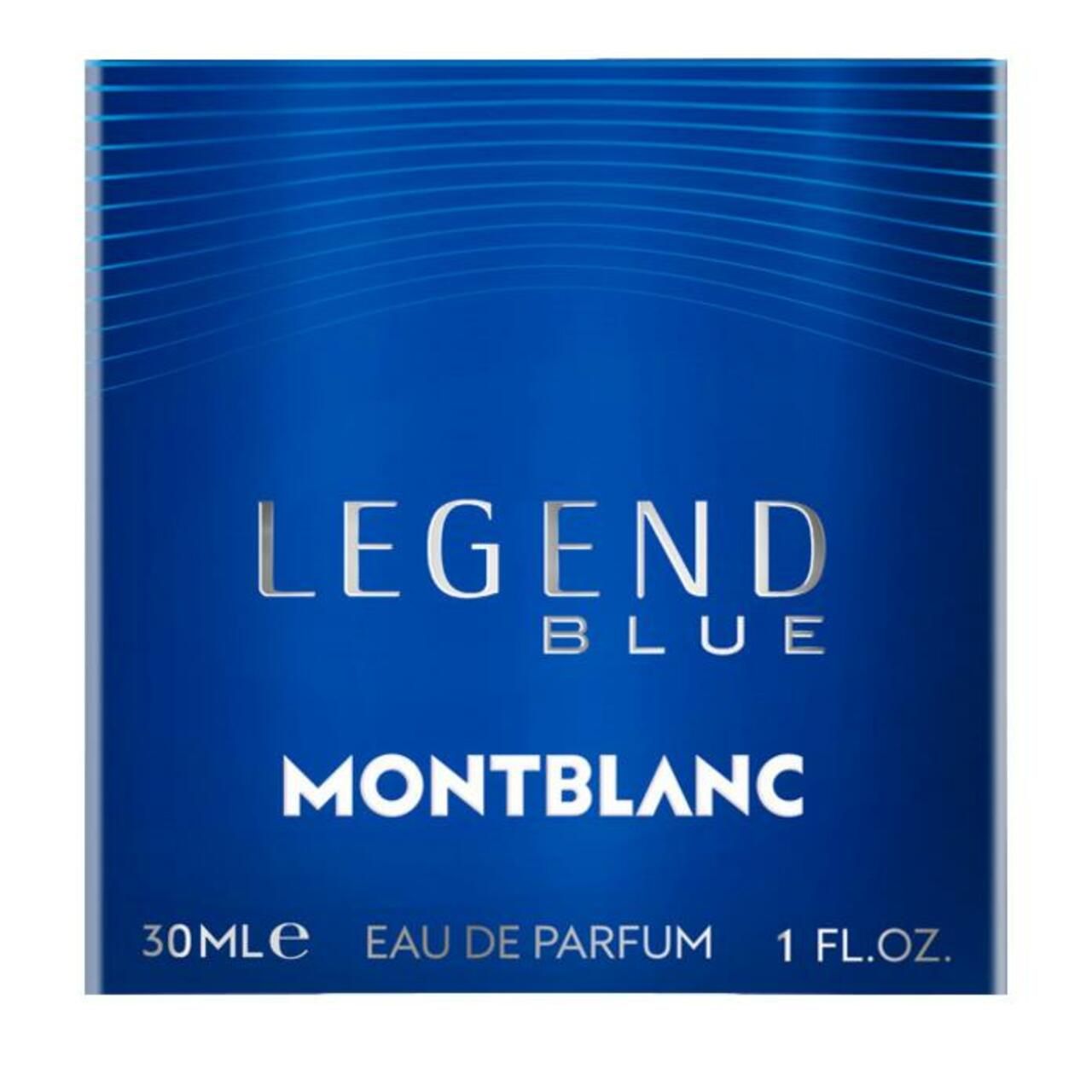 Blaue Schachtel mit Aufschrift LEGEND BLUE und MONTBLANC. 30ml Eau de Parfum. EdP Nat. Spray.