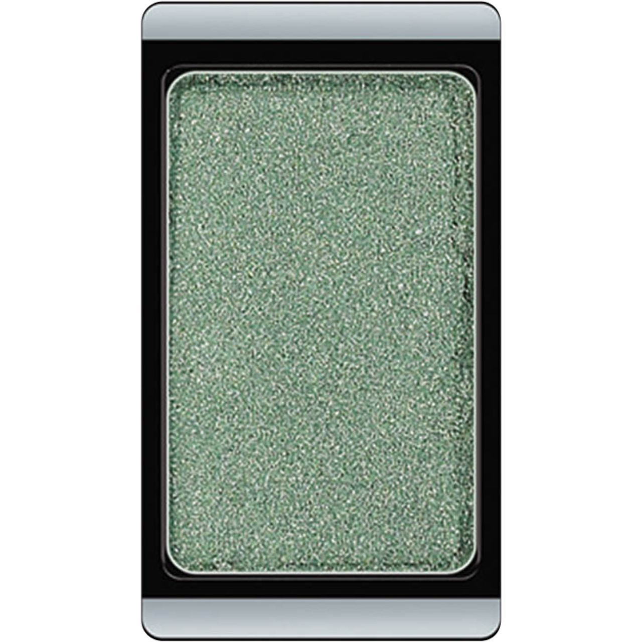 Grüner Lidschatten in rechteckiger, schwarzer und silberner Hülle.