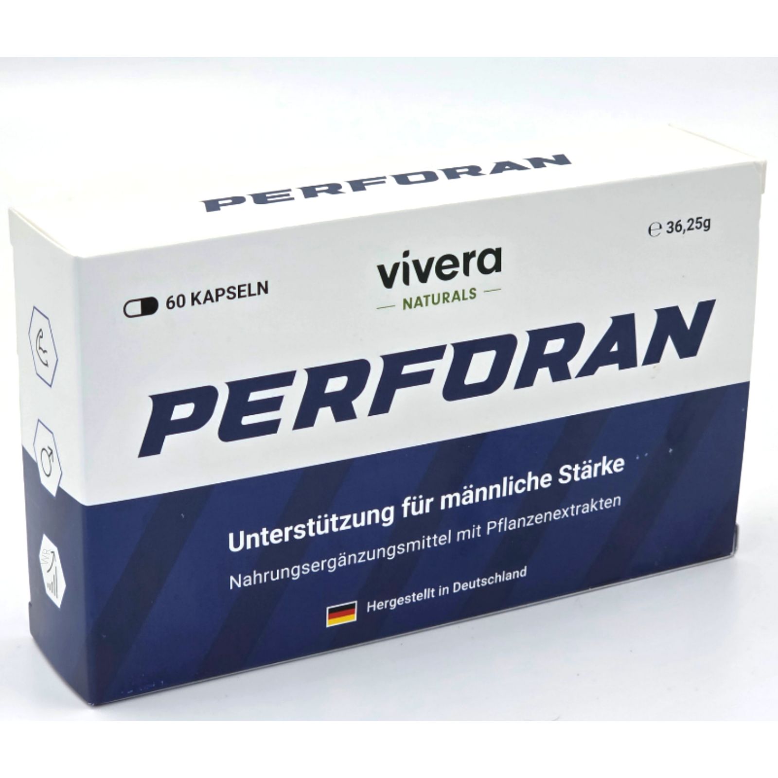 Schachtel "PERFORAN" mit 60 Kapseln. "Vivera Naturals" Logo. Text: Unterstützung für männliche Stärke. Hergestellt in Deutschland. Eckansicht.