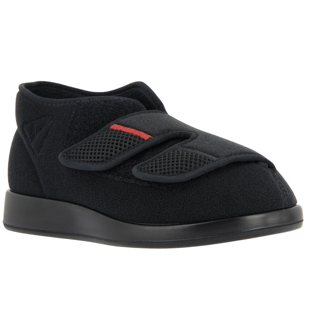 Schwarzer Verbandschuh mit Klettverschlüssen und rotem Akzent. Flache Sohle, hoher Schaft.