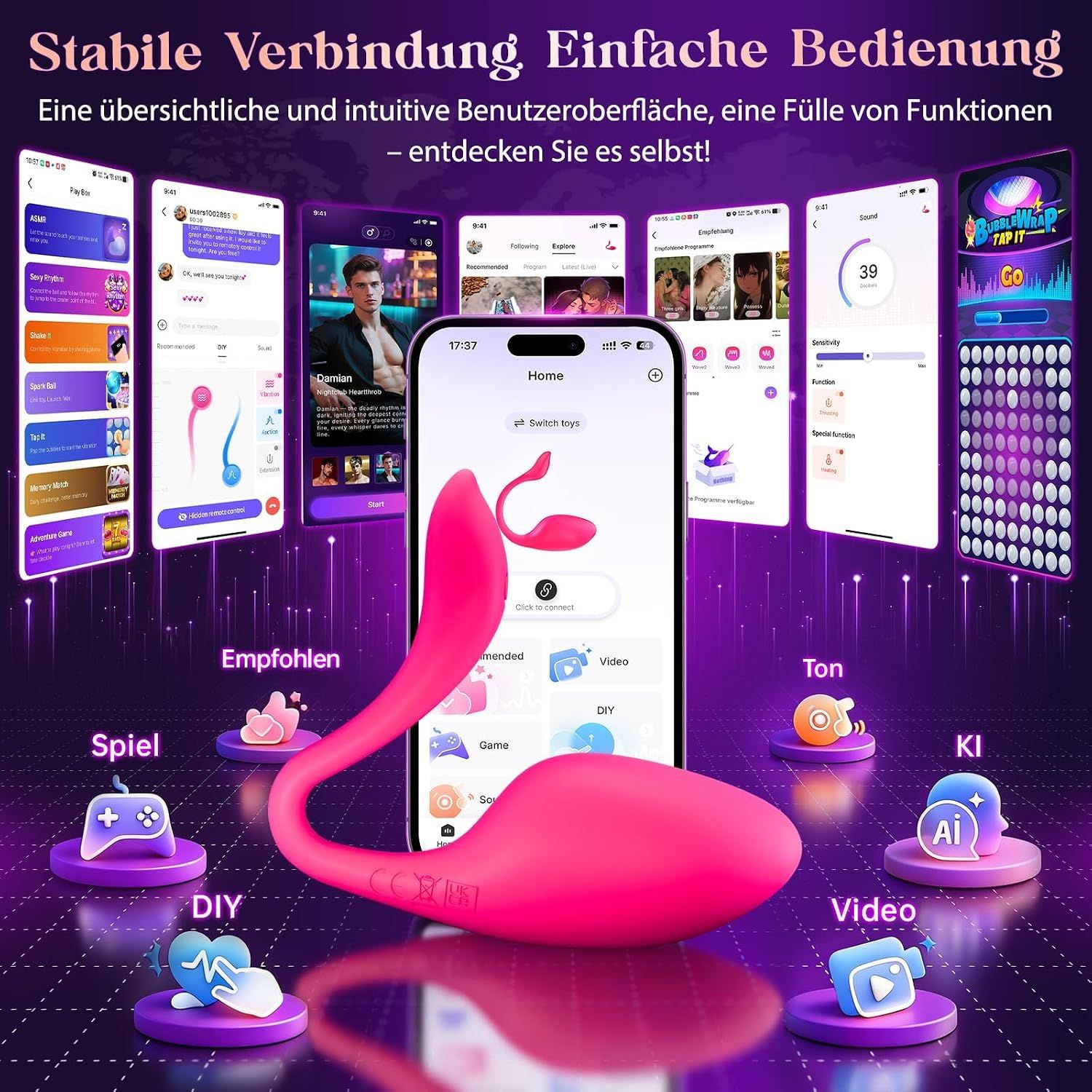 Pinker Vibrator und Smartphone-App-Schnittstellen.