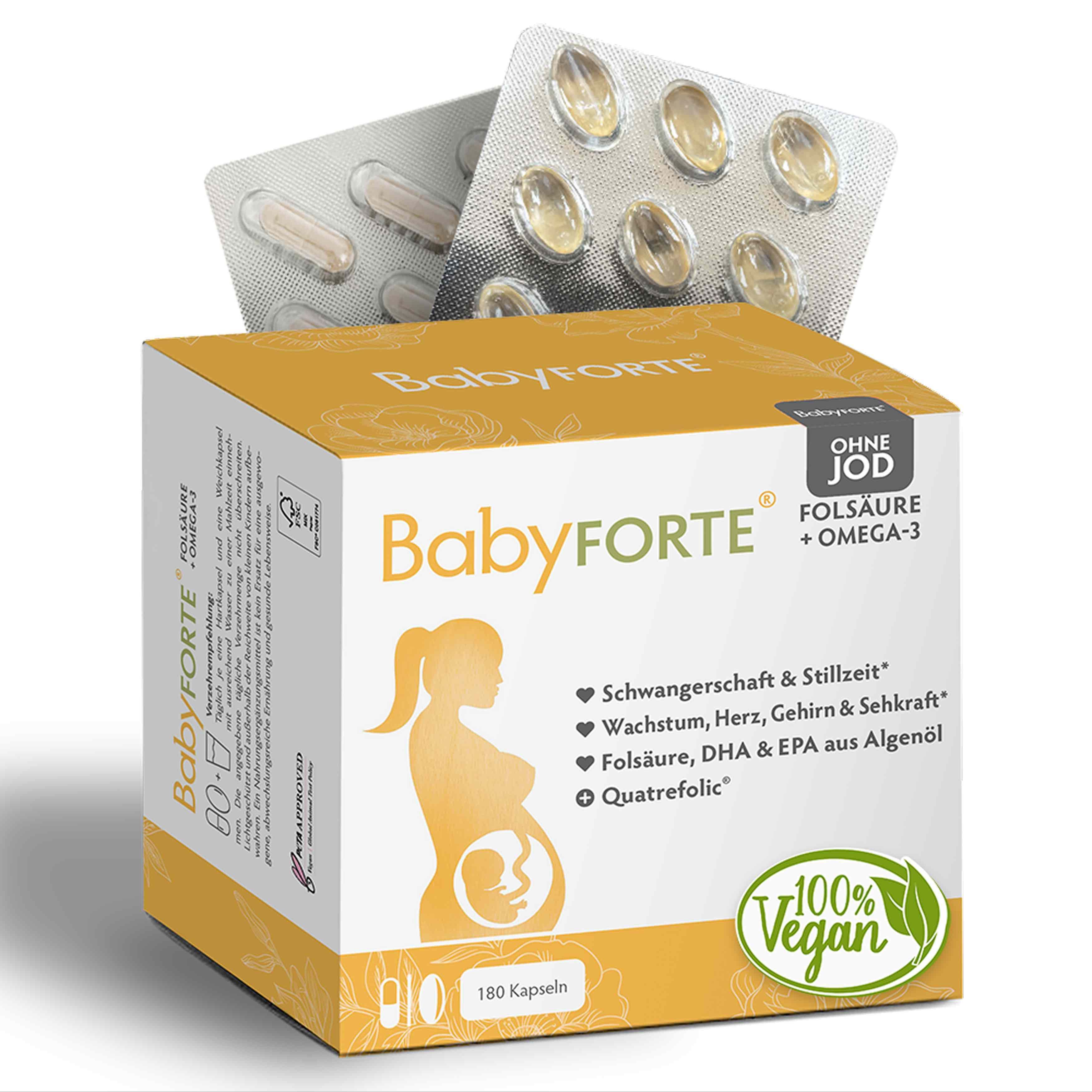 BabyFORTE®-Packung mit Kapseln. Text: Ohne Jod, Folsäure + Omega-3. 100% Vegan. 180 Kapseln.