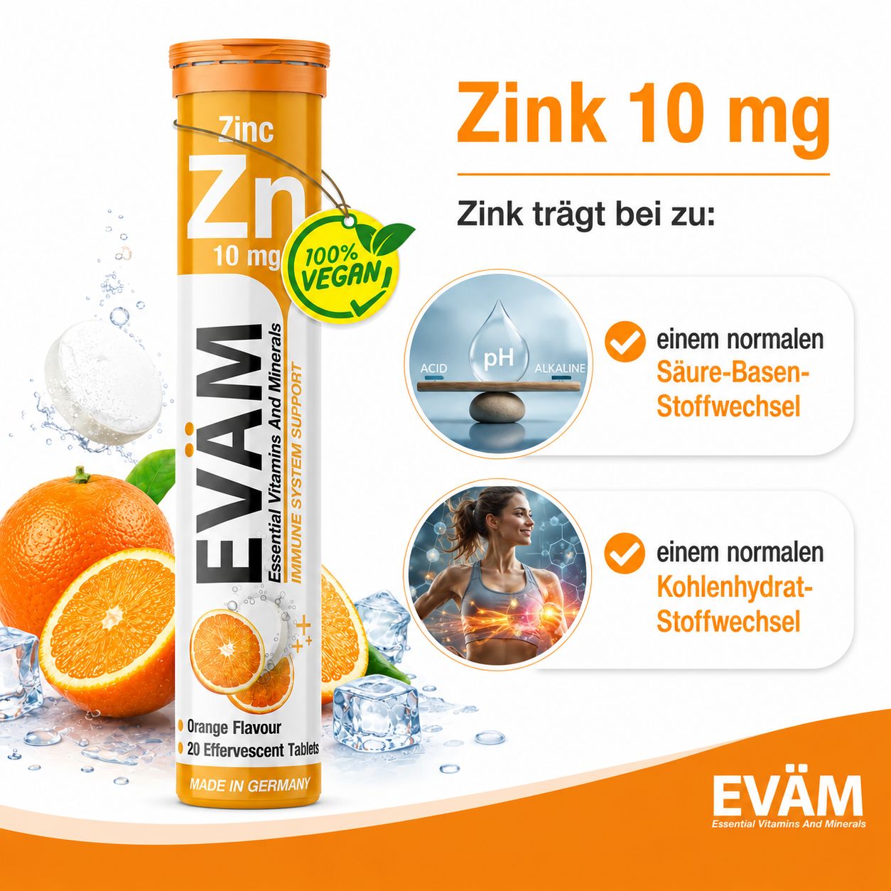Zink-Tabletten-Verpackung. 100% Vegan-Logo, Orange, Eiswürfel, Vorteile, Säure-Basen-Stoffwechsel, Kohlenhydratstoffwechsel, Made in Germany.