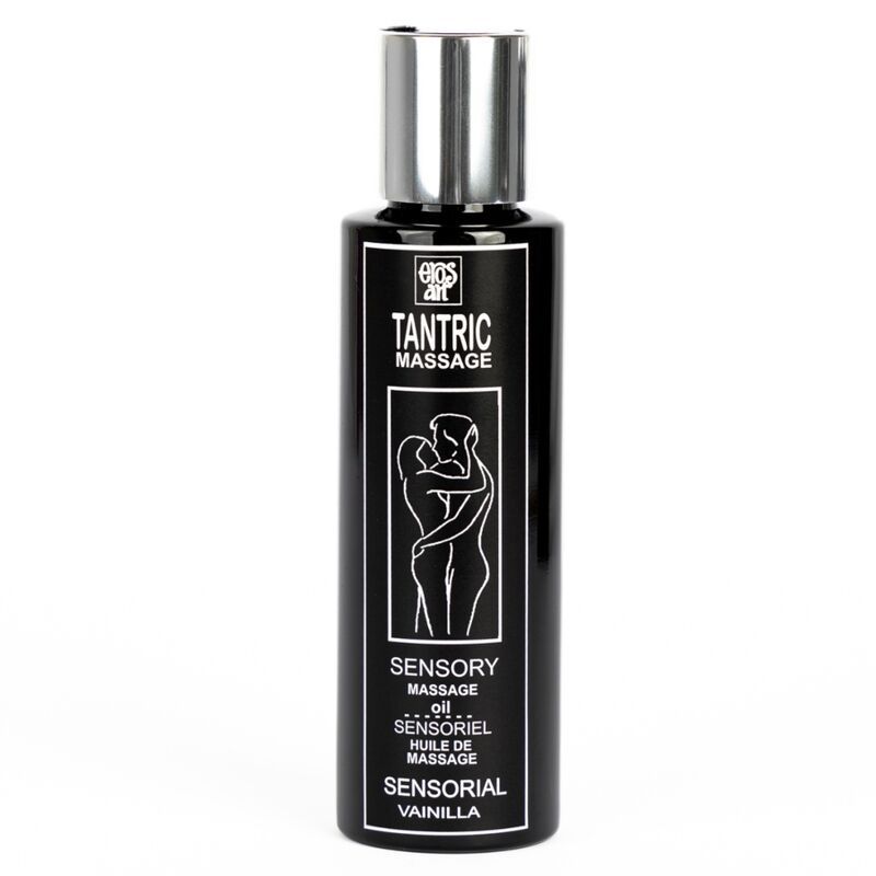 Schwarze Flasche Sensorial Massageöl, silberner Deckel, Etikett mit stilisiertem Paar.