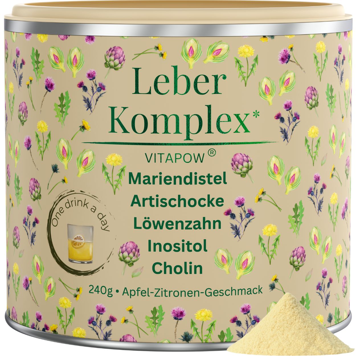 Dose mit Produkt. Text: Leber Komplex, Mariendistel, Artischocke, Löwenzahn, Inositol, Cholin. 240g, Apfel-Zitronen-Geschmack.
