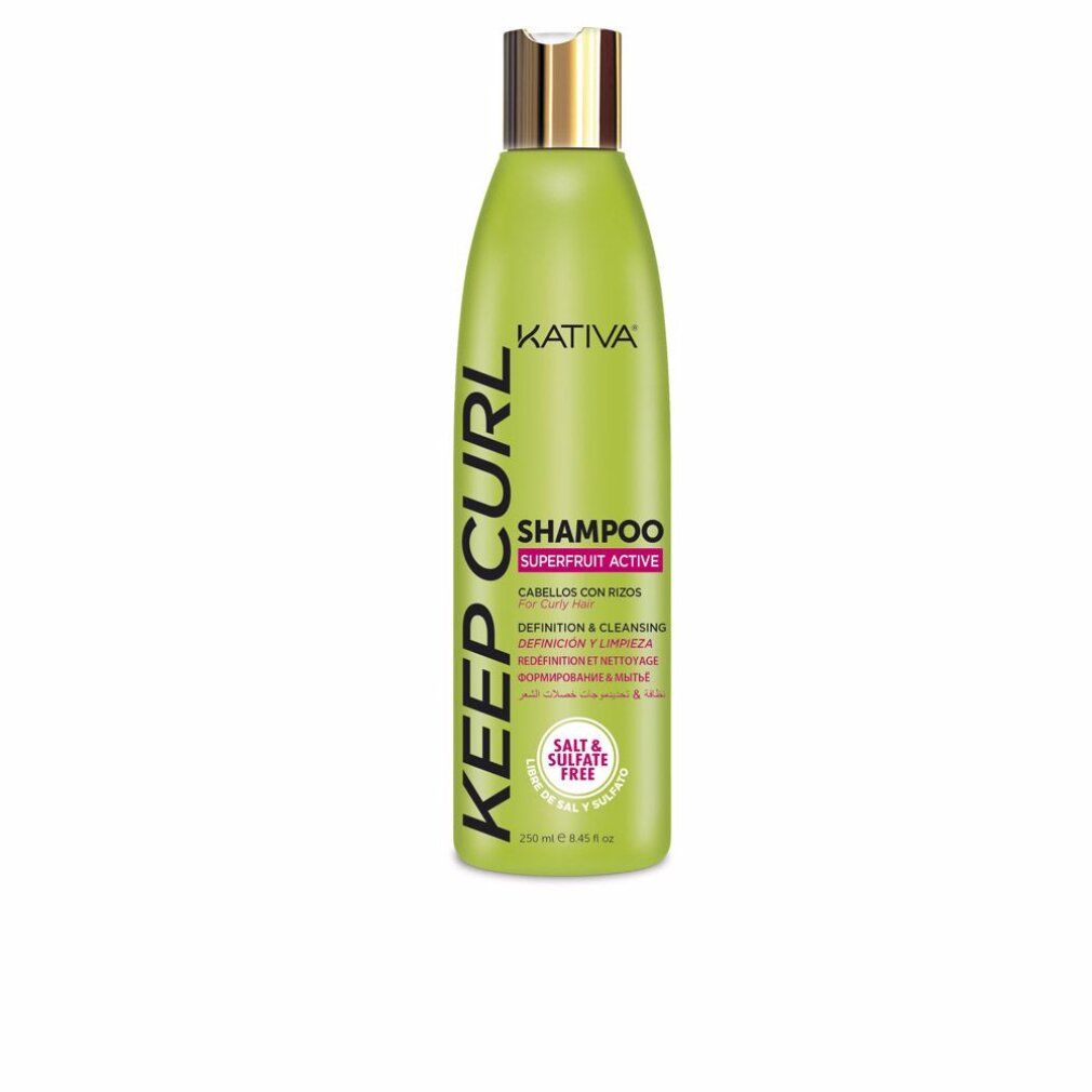 Grüne Shampoo-Flasche mit goldfarbenem Deckel. Text: Kativa Keep Curl Shampoo, Superfruit Active, für lockiges Haar. Salz- und sulfatfrei.