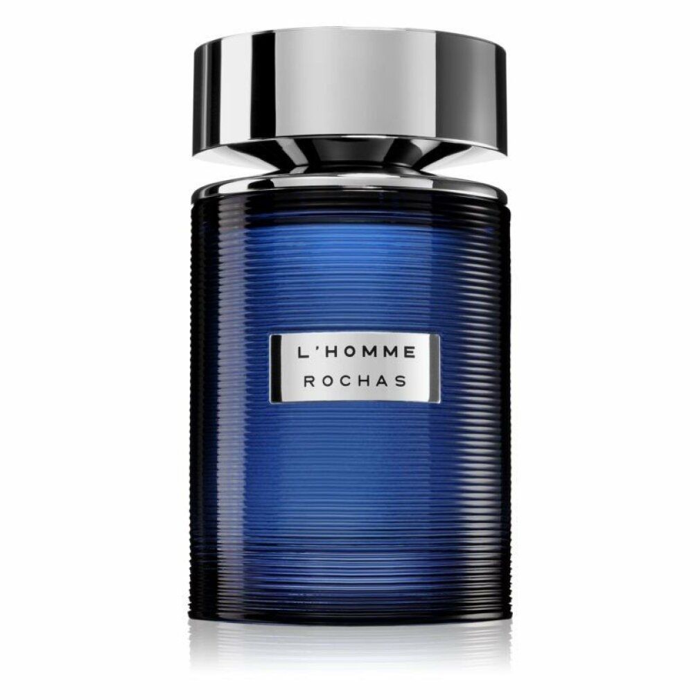 Blauer Flakon mit silbernem Deckel. Aufschrift: L'HOMME ROCHAS.