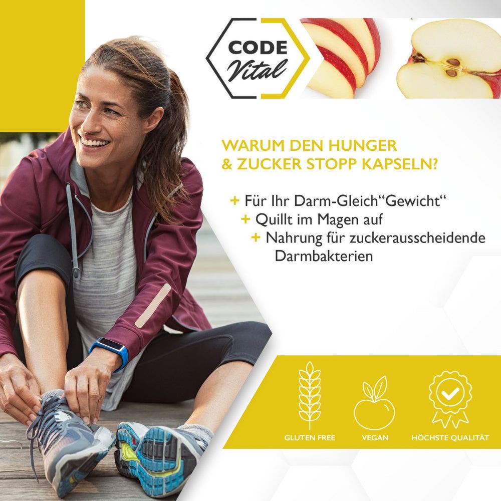 Frau bindet Schnürsenkel. CODE Vital Logo. Text: Warum den Hunger & Zucker Stopp Kapseln? Glutenfrei, Vegan, Höchste Qualität.