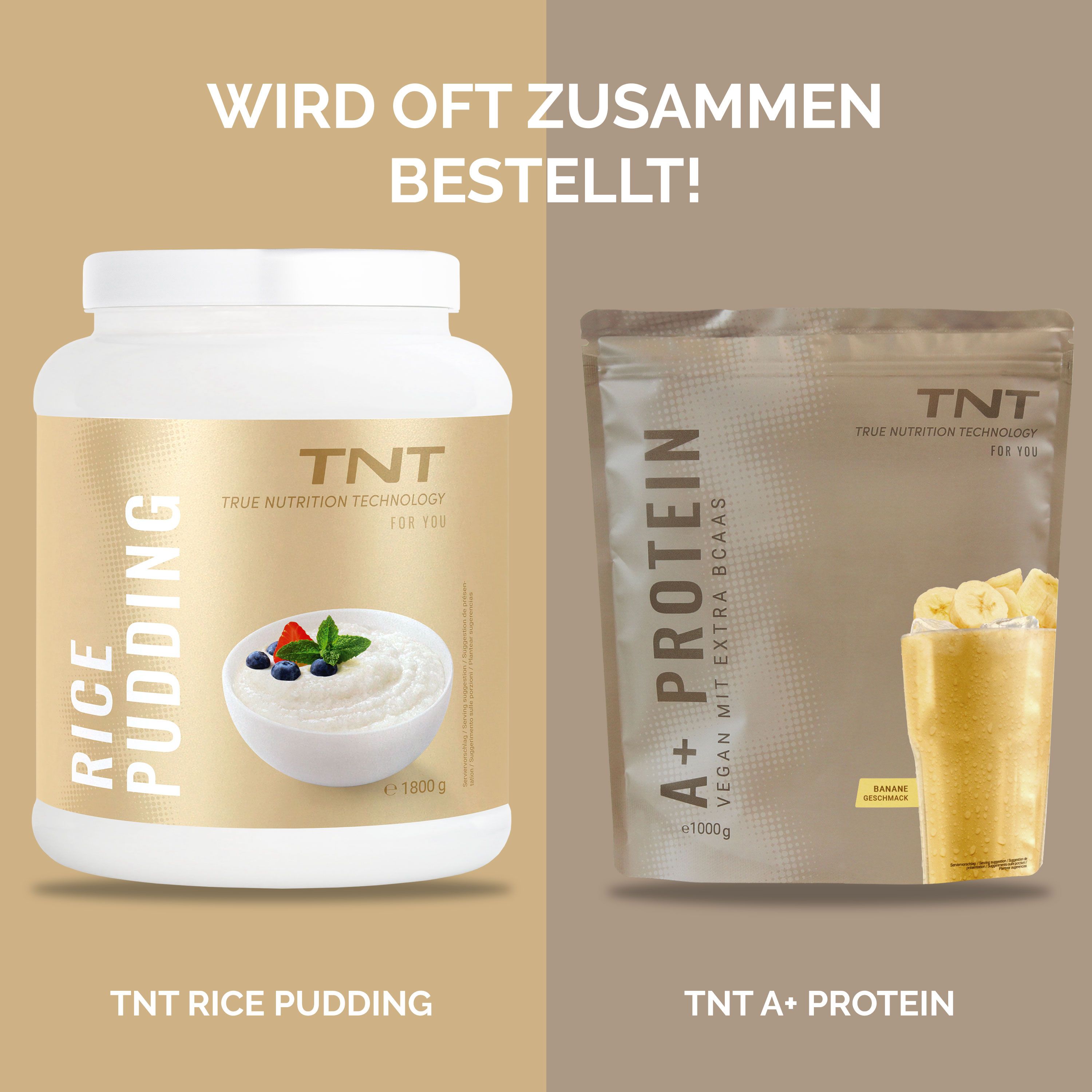 TNT Rice Pudding und A+ Protein. Beide Produkte in Verpackungen. Abgebildet: Schüssel mit Reis-Pudding, Beeren und Minze. A+ Protein mit Banane.