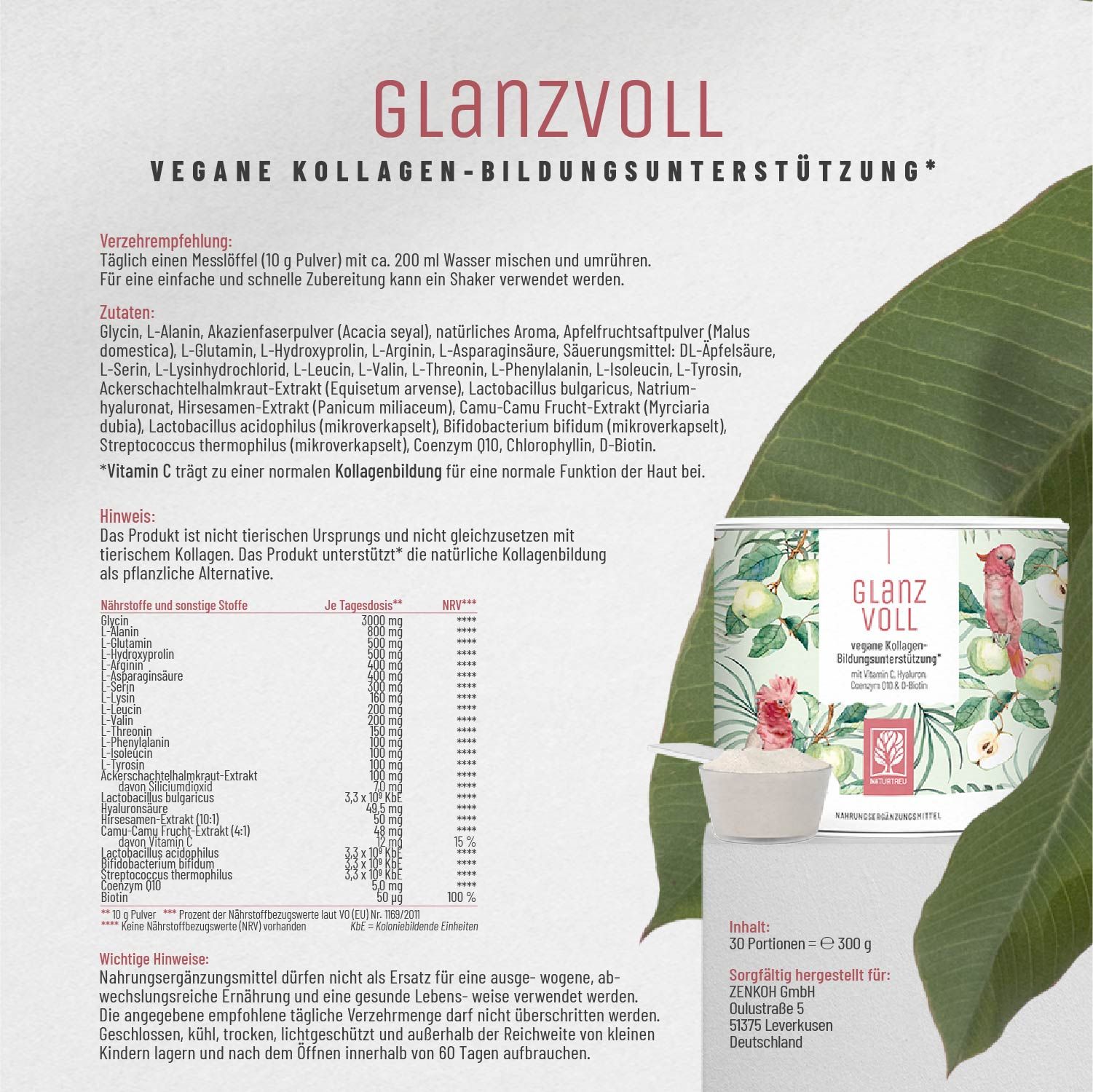 Produkt Dose Glanz Voll mit Inhaltsangaben und Verzehrempfehlung. 30 Portionen.
