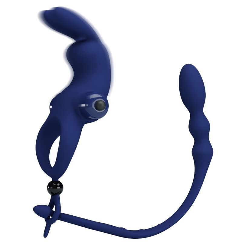 Blauer Vibrationsring mit Hasenohren-Design und geriffelter Verlängerung. Enthält eine kleine Kugel und eine Schlaufe.