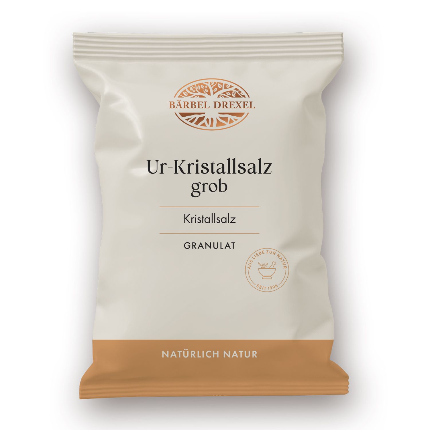 Beutel mit Bärbel Drexel Ur-Kristallsalz Granulat. Text: Ur-Kristallsalz grob, Granulat. Logo und Schriftzug: Natürlich Natur.