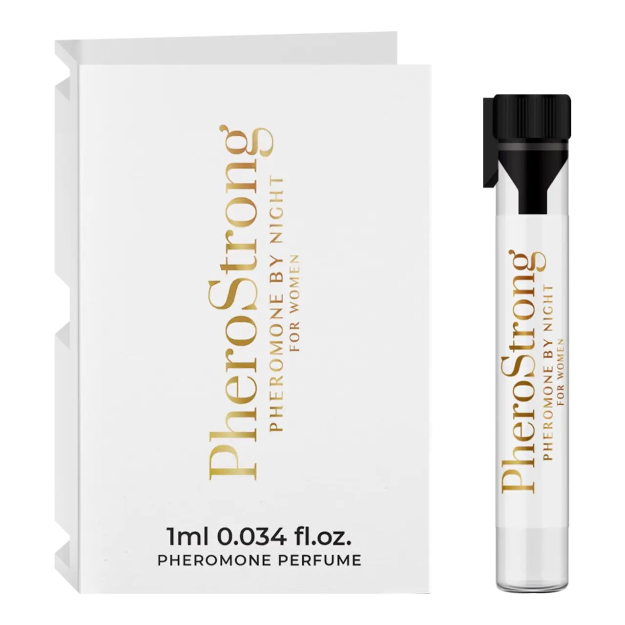 Weißer Karton und Glasflakon. Aufschrift: PheroStrong Pheromone By Night für Frauen. 1ml 0.034 fl.oz. Pheromone Perfume.