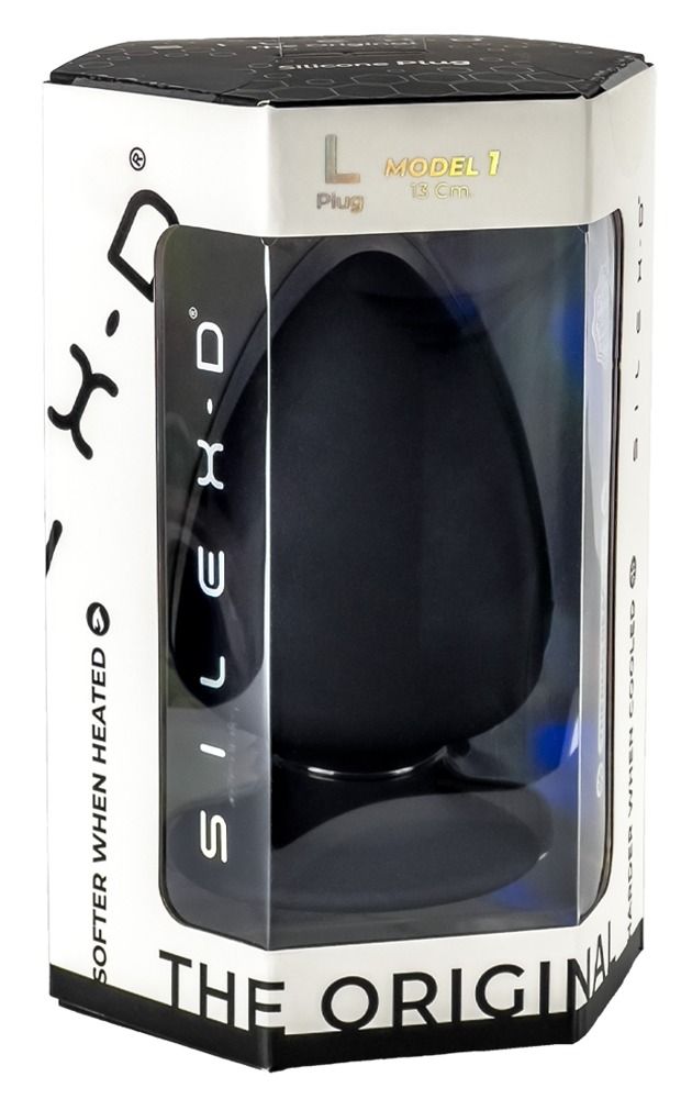 Schwarzer Silikon-Plug in Verpackung. Marke Silexd, Modell 1, Größe L. Transparente Verpackung.