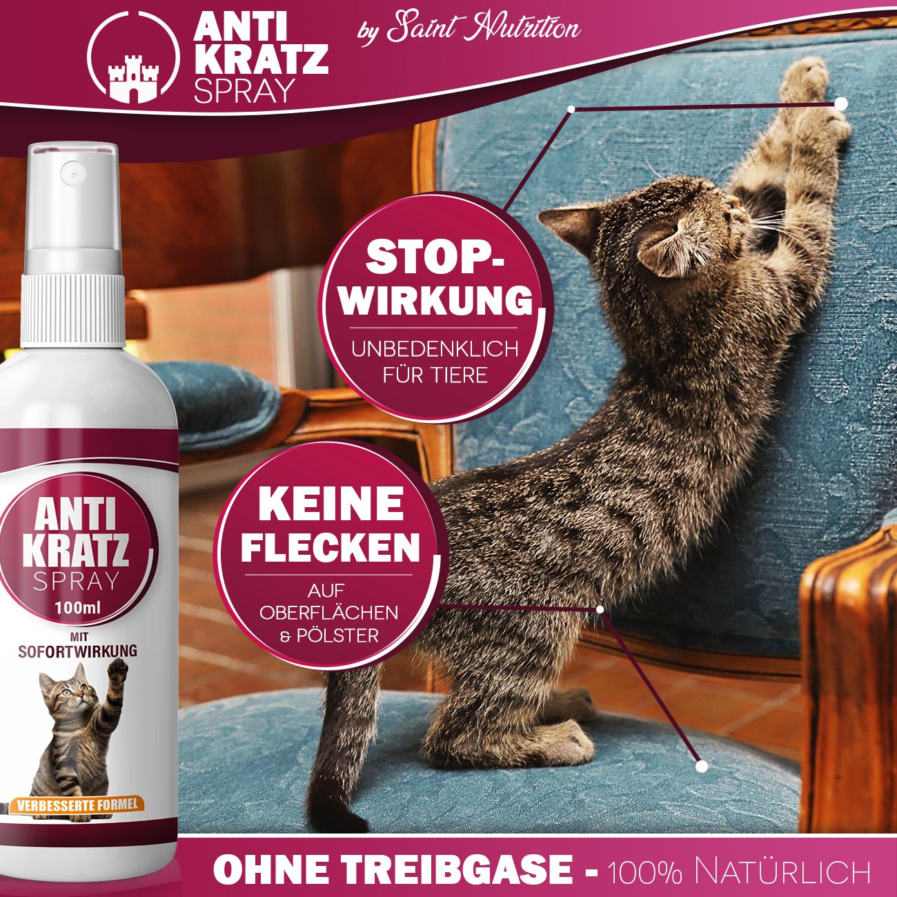 Produktabbildung mit Katze und Stuhl. Text: Anti Kratz Spray, 100ml. Stop-Wirkung, Keine Flecken, Ohne Treibgase.
