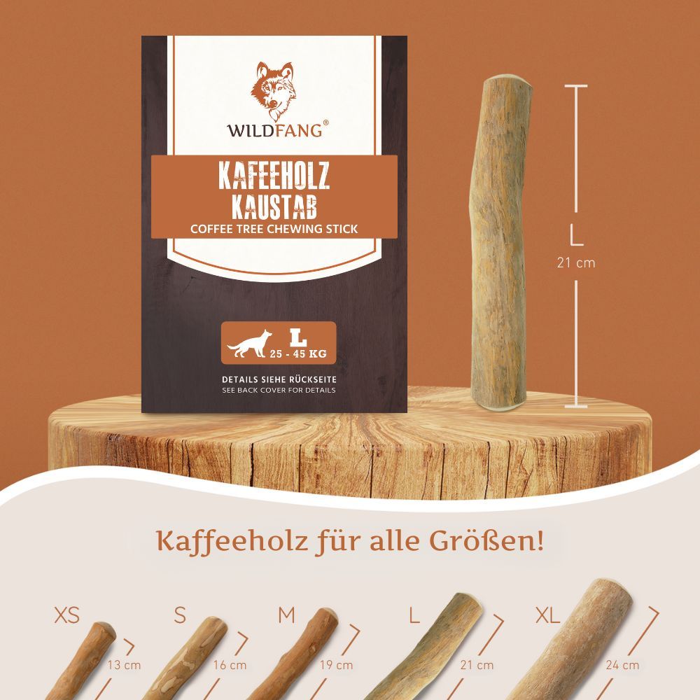 Kaffeeholz-Kaustab, L-Größe, 21 cm lang. Verpackung mit Produktname und Logo. Größenangaben für Hunde.