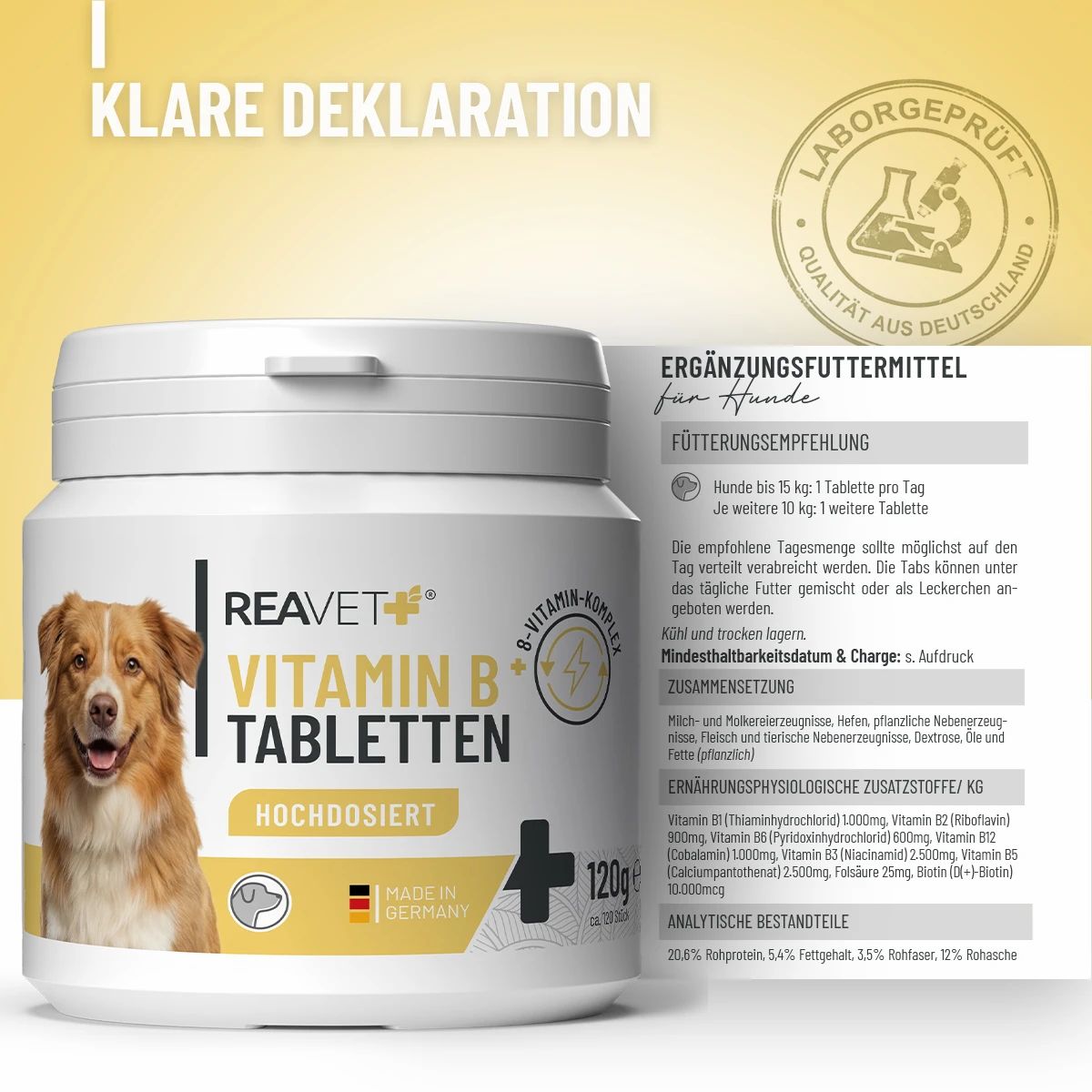 Weißes Produktglas mit Text: ReaVET Vitamin B Tabletten, hochdosiert, 120g. Laborgeprüft. Ergänzungsfuttermittel für Hunde. Hund und Tabelle.